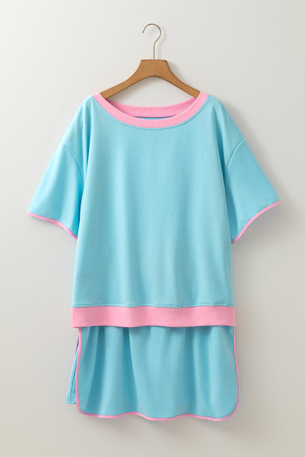 Turquoise Plus Size Contrast Trim T Shirt and Skort Two Piece Set