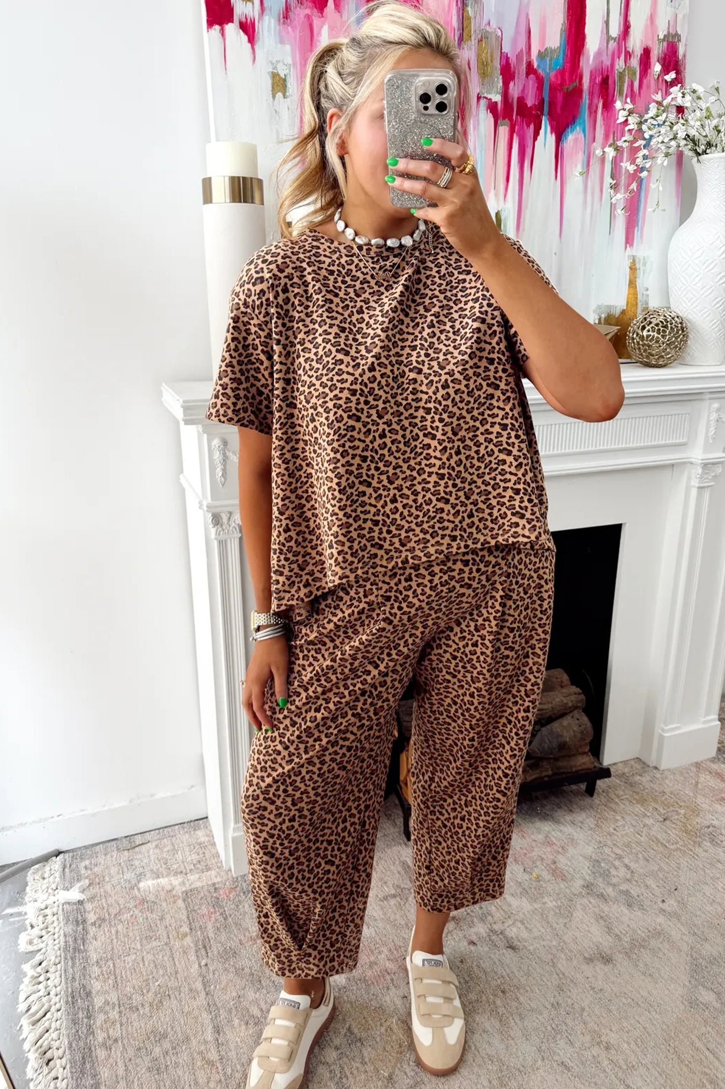 Brown Leopard Loose Tee Drawstring Waist Barrel Pants Set