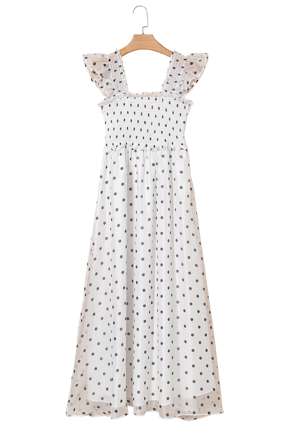 White Polka Dot Flutter Sleeve Square Neck Smocked Maxi Dress
