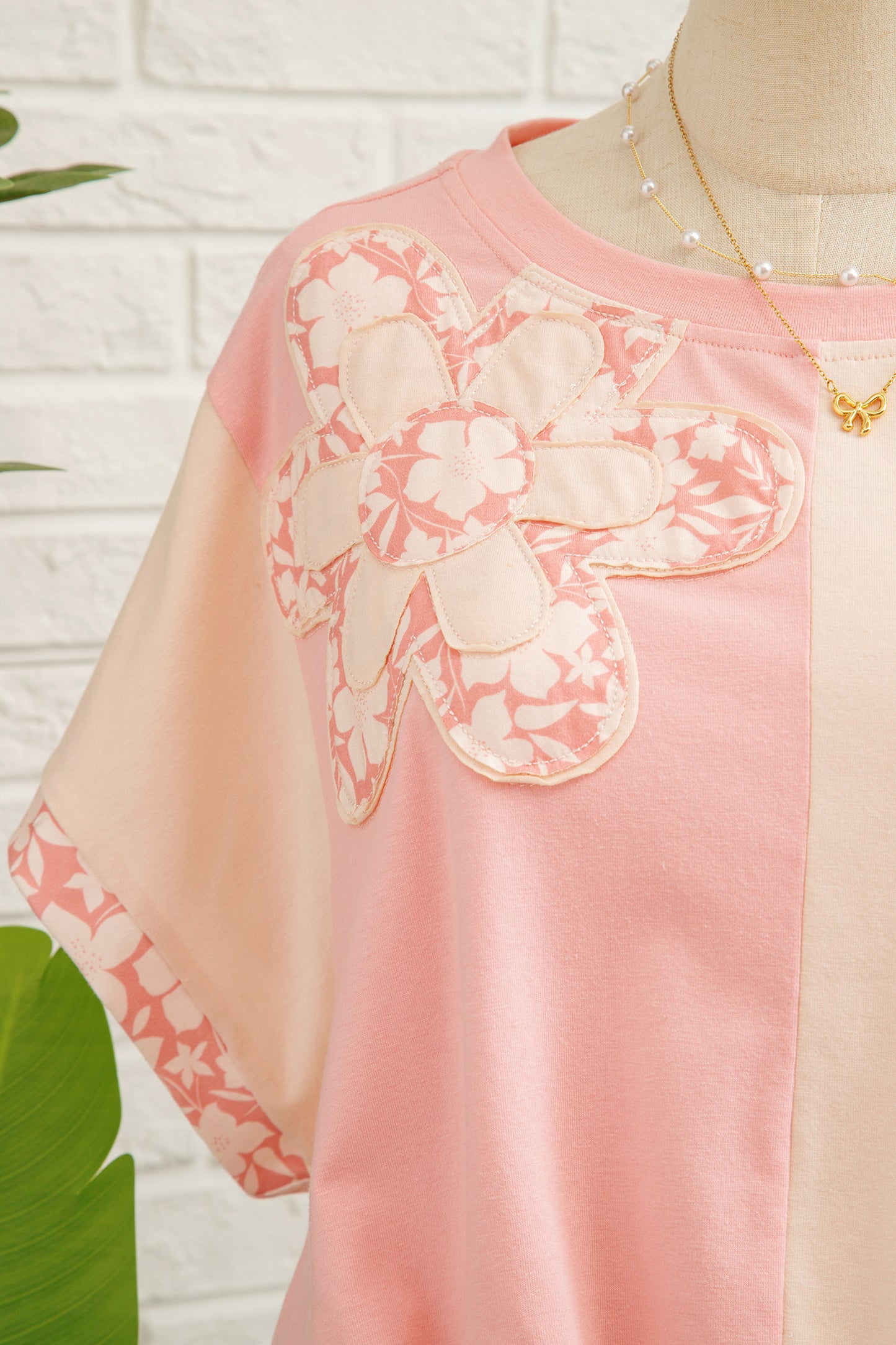 Apricot Color Block Flower Patched Loose T Shirt