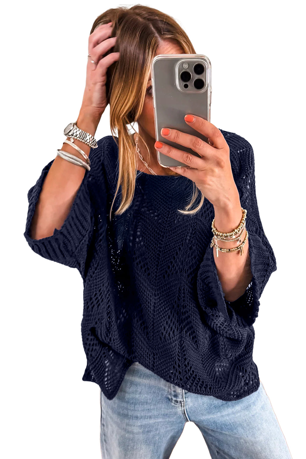 Seagrass Hollow Out Knit 3/4 Sleeve Loose Sweater