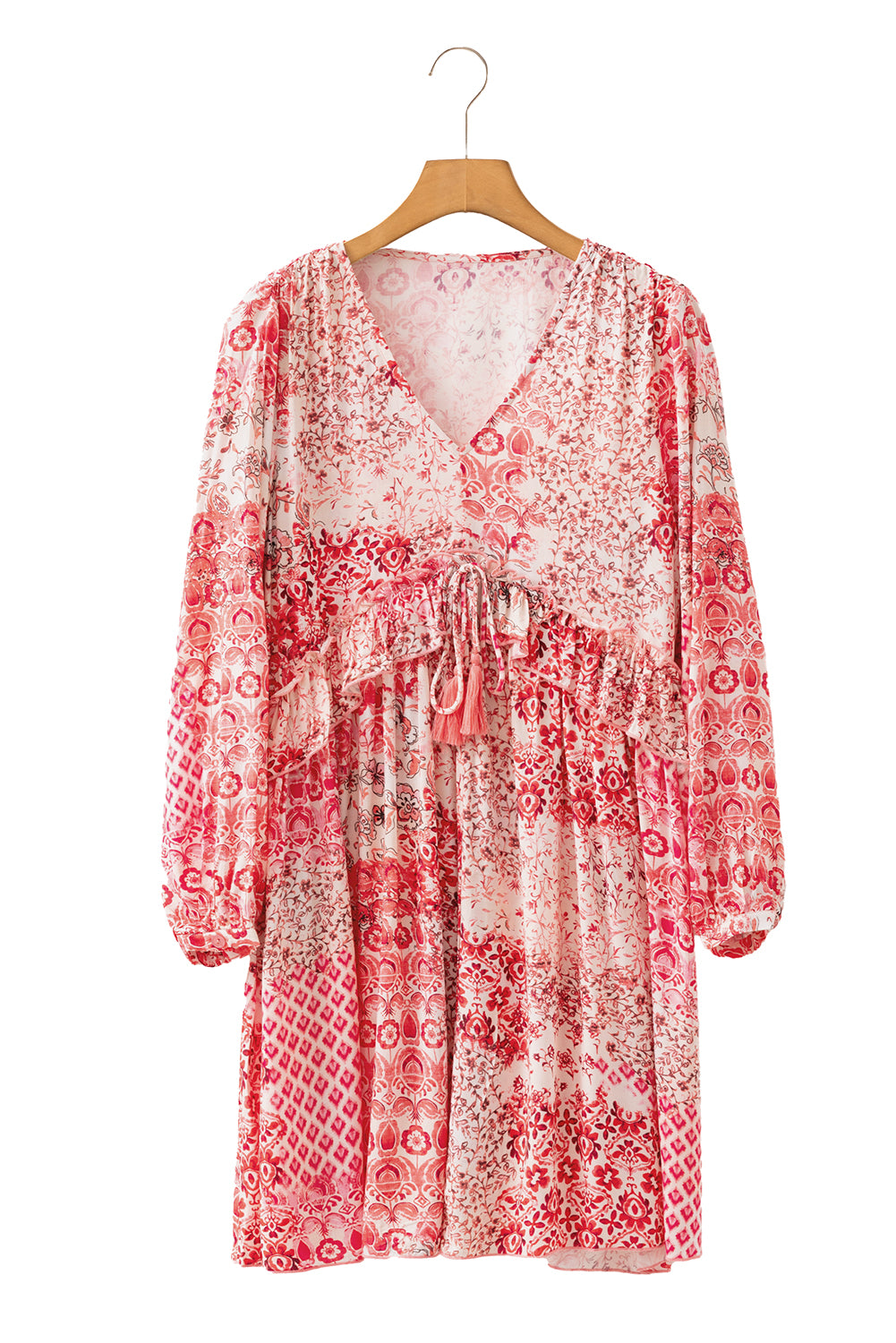 Pink Bohemian Floral Print Tassel Tie Long Sleeve Flowy Mini Dress
