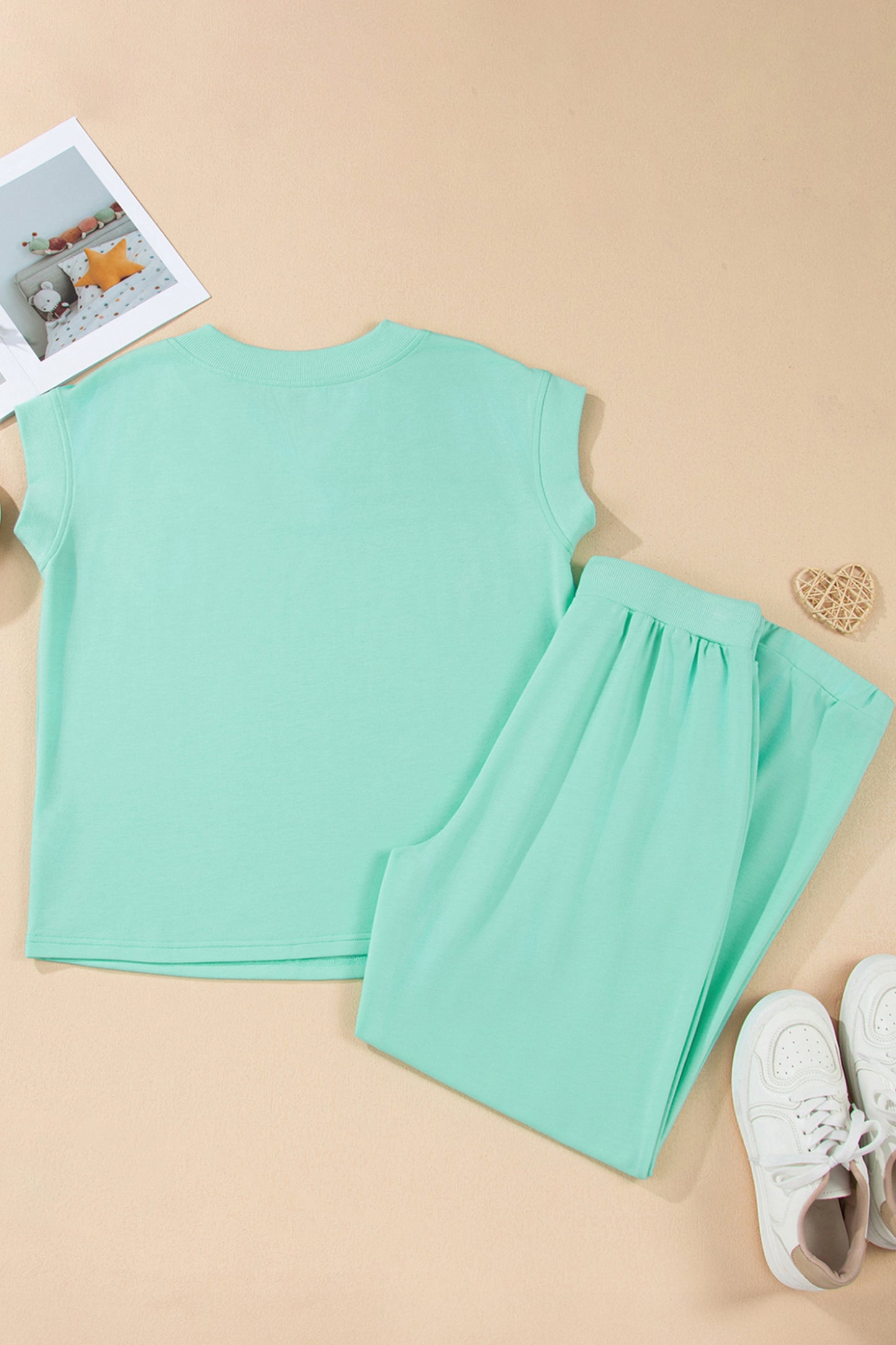 Bonbon Solid V-Neck Tee and Drawstring Plus Size Pants Set