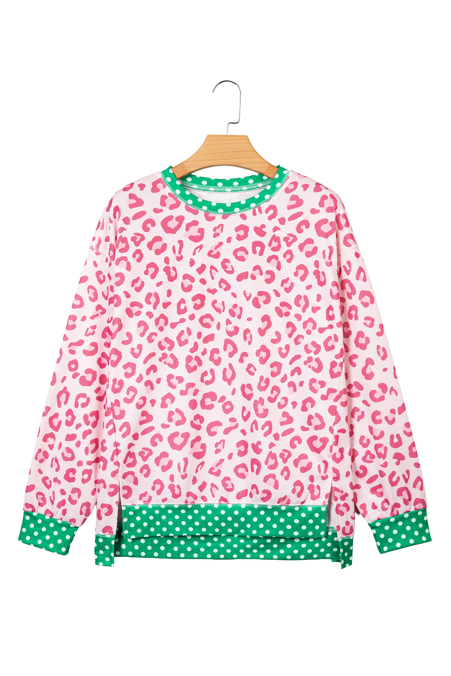 Khaki Leopard Polka Dot Colorblock Trim Long Sleeve Top