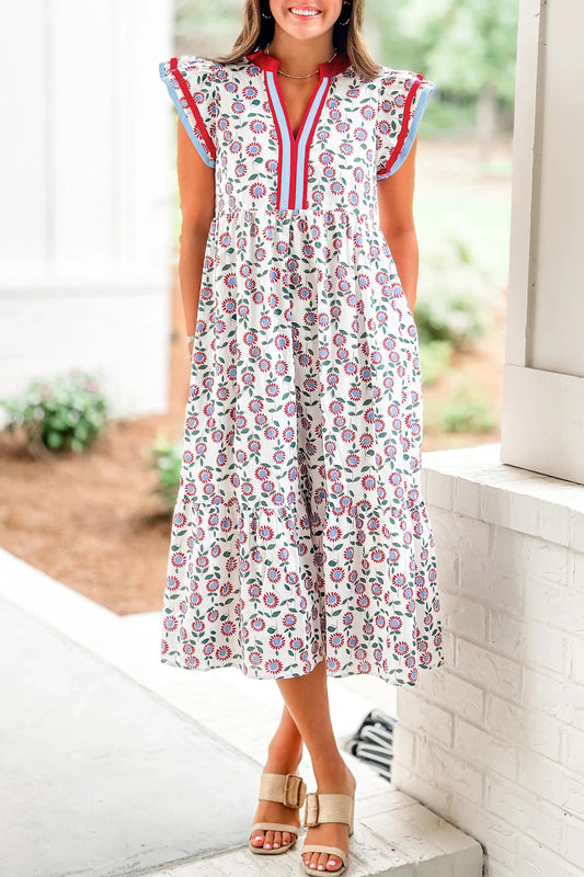 Red Cute Sunflower Printed Striped Patchwork Trim Flutter Sleeve Long Dress