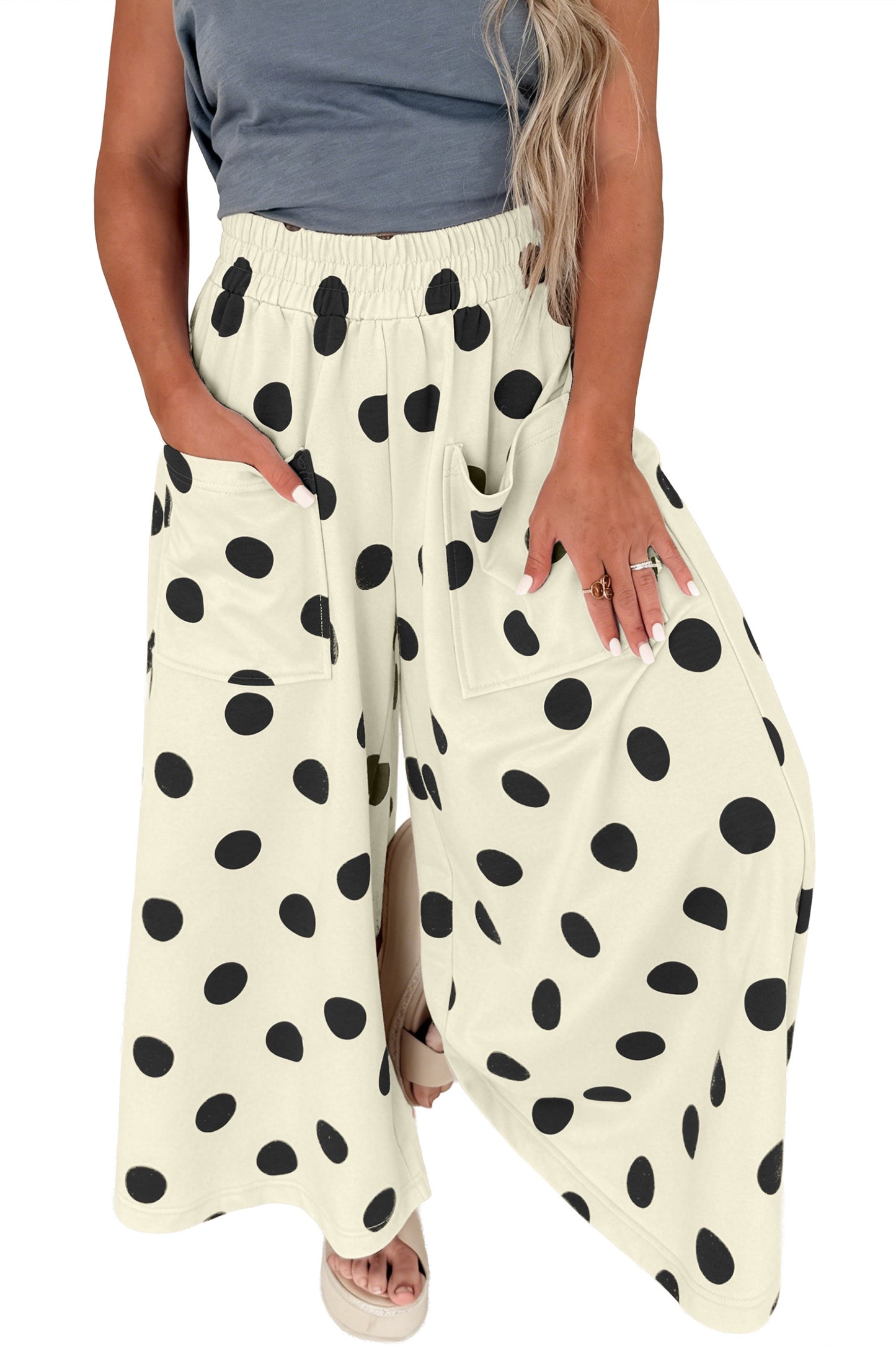 Khaki Polka Dot Wide Leg Elastic Waist Casual Pants