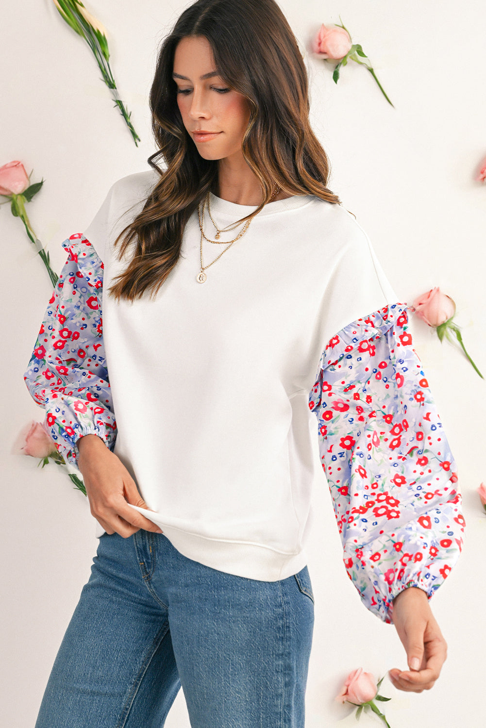 White Floral Ruffle Balloon Sleeve Patchwork Loose Blouse