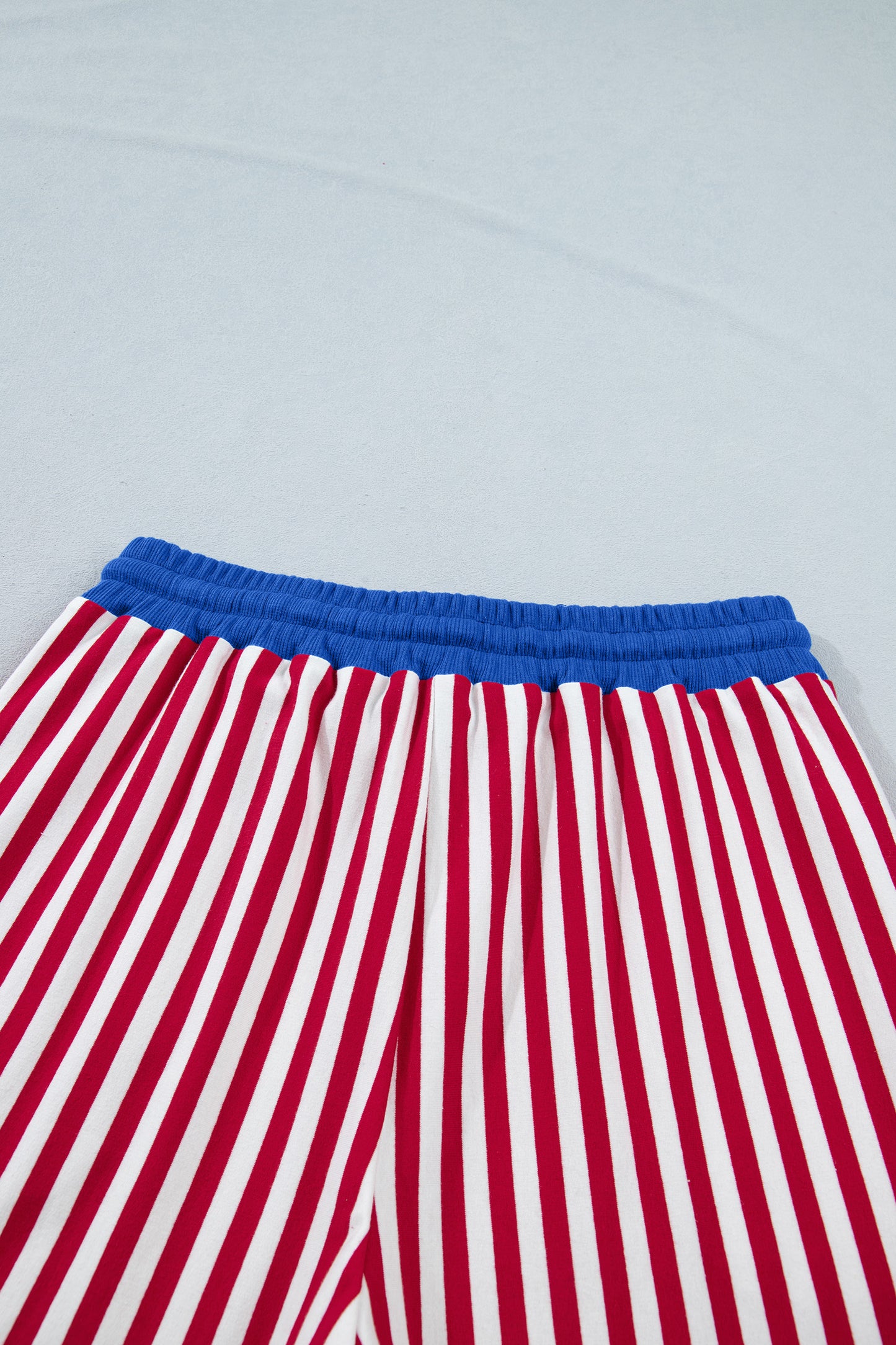 Yellow Stripe Colorblock Trim V Neck Tee Drawstring Elastic Waist Short Set