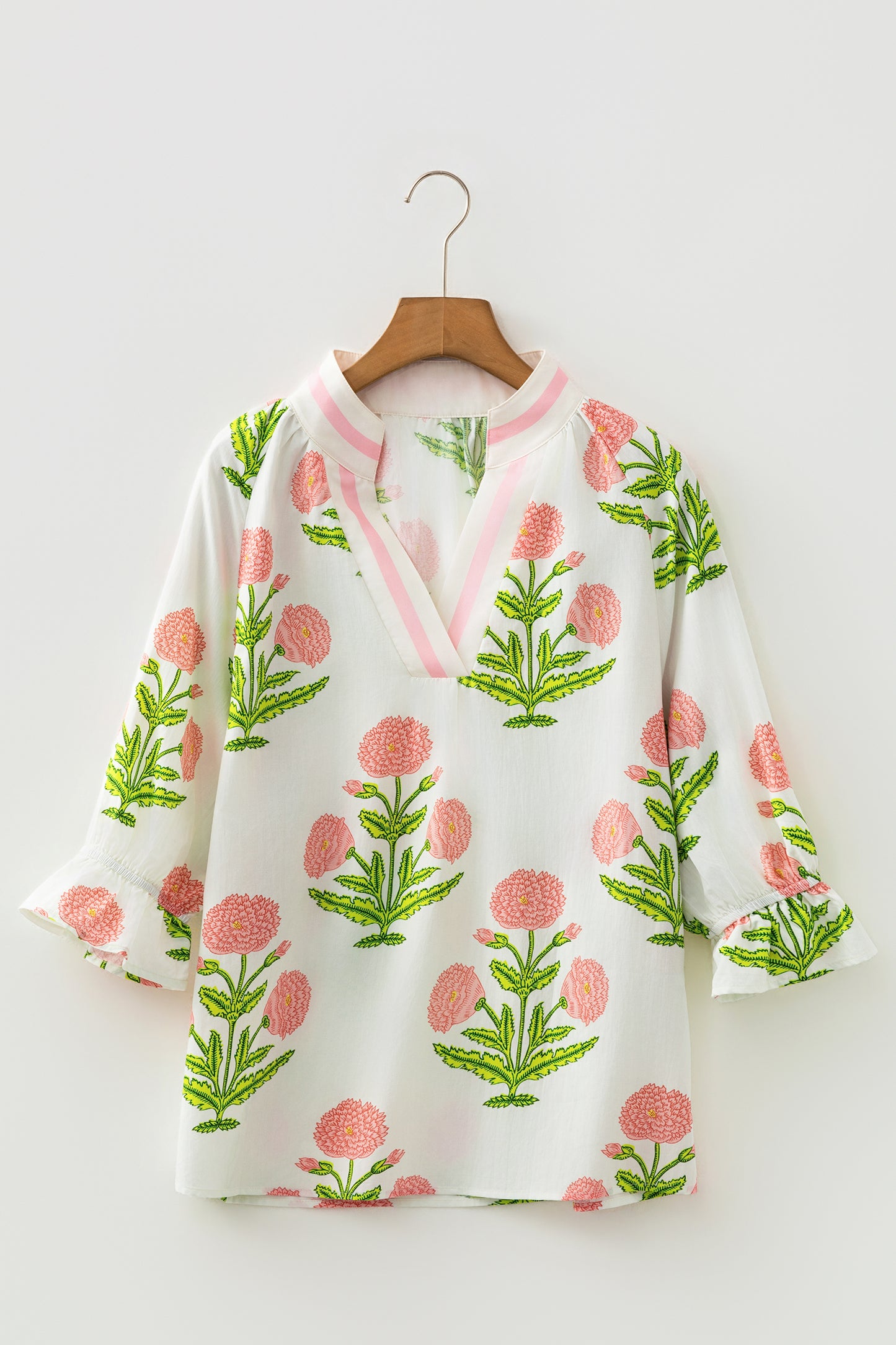 Green Casual Wild Flower Print V Neck 3/4 Sleeve Blouse