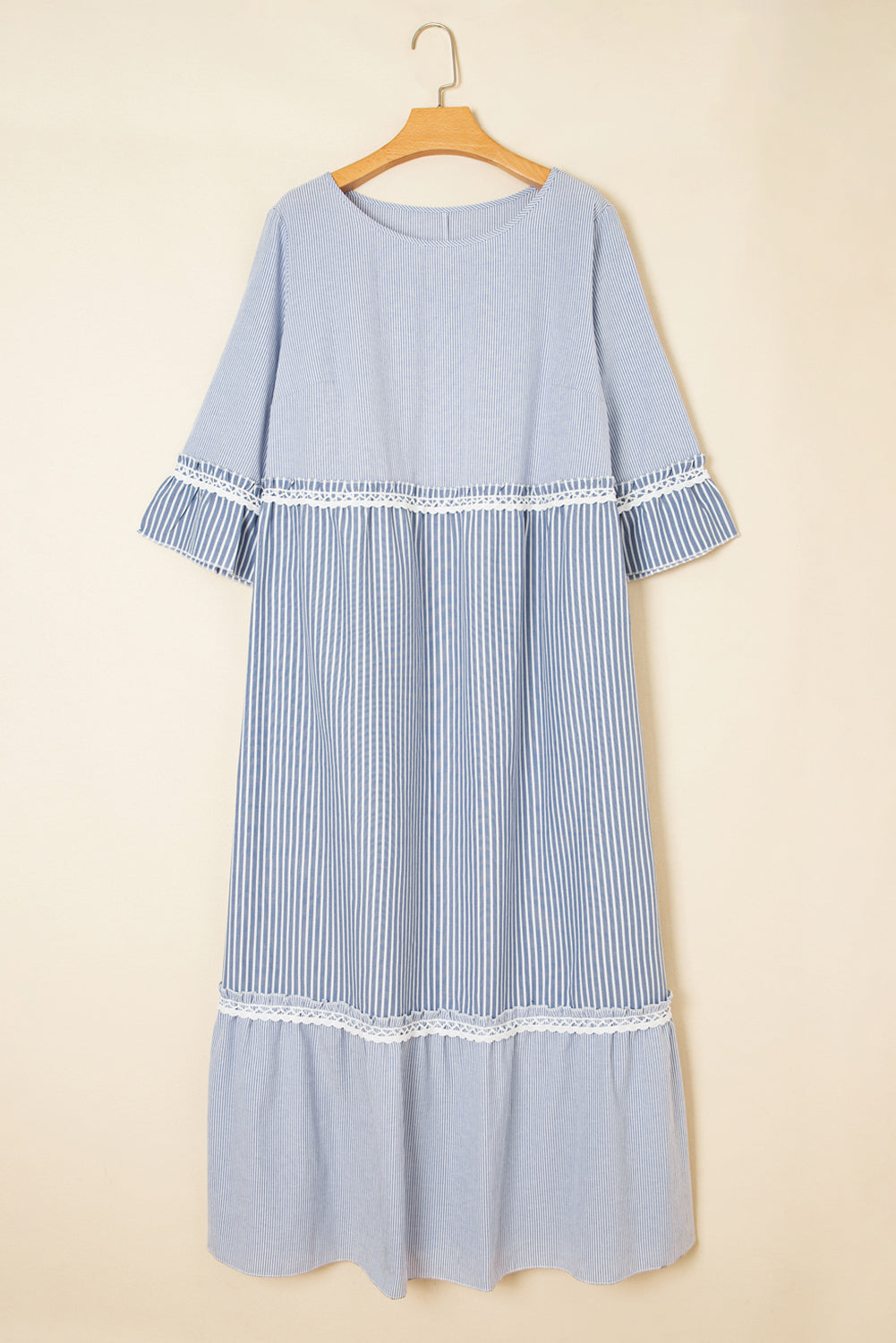 Sky Blue Crisscross Lace Detail Mixed Striped Patchwork Plus Size Dress