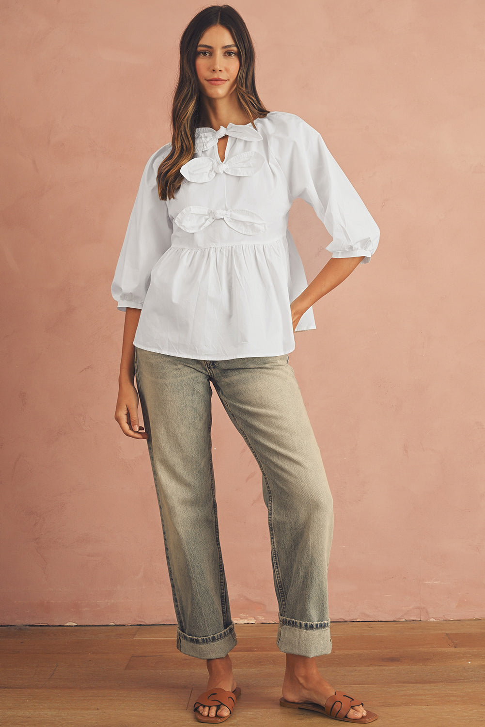 White Bow Knot Cutout Back Loose Fit 3/4 Sleeve Blouse