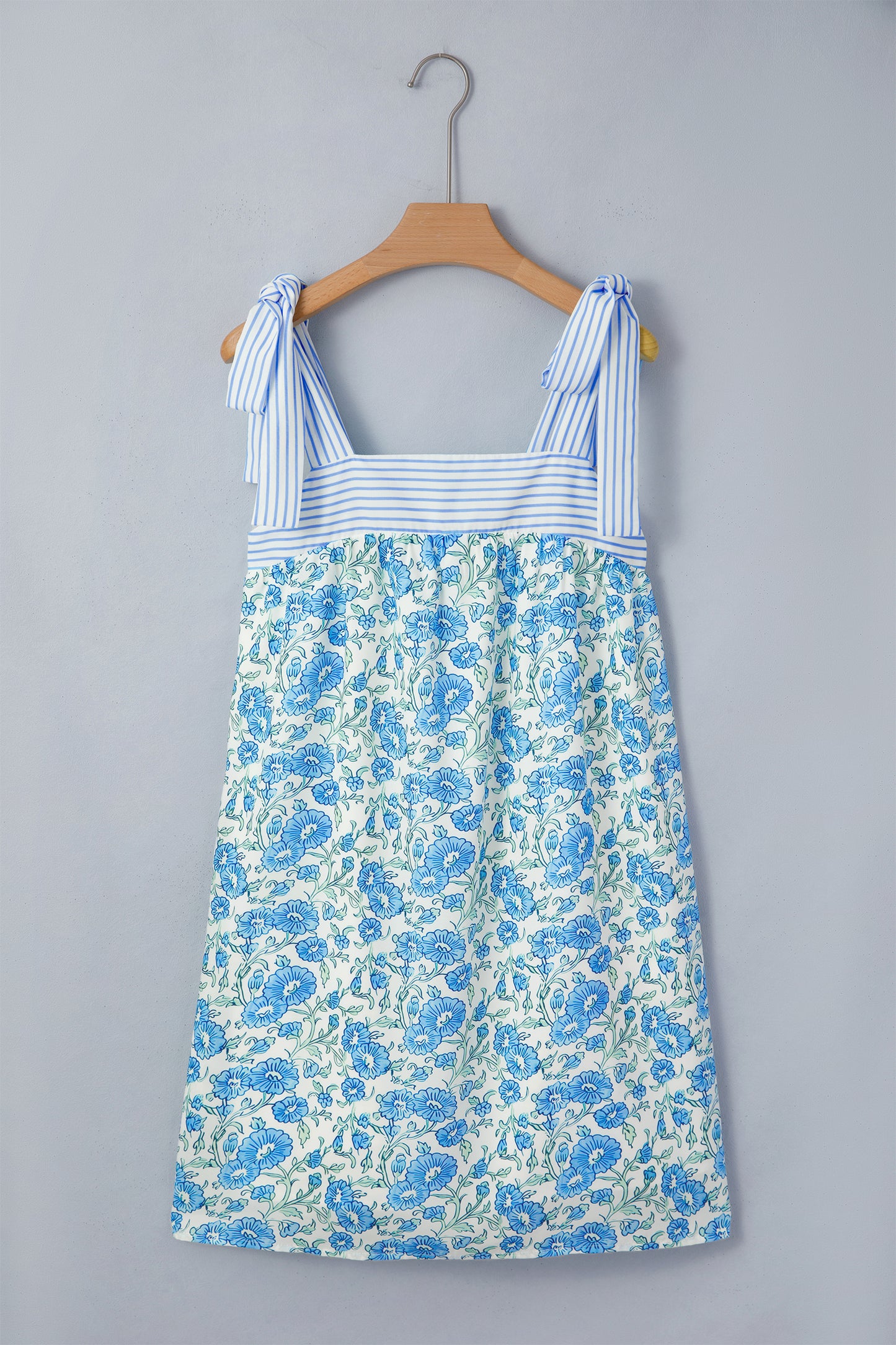 Sky Blue Floral Print Striped Patchwork Bow Knot Straps Mini Dress