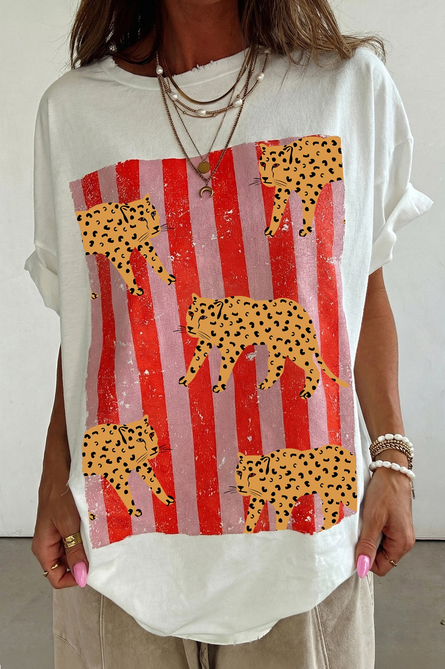 White Cheetah Striped Print Retro Fashion Graphic Tee