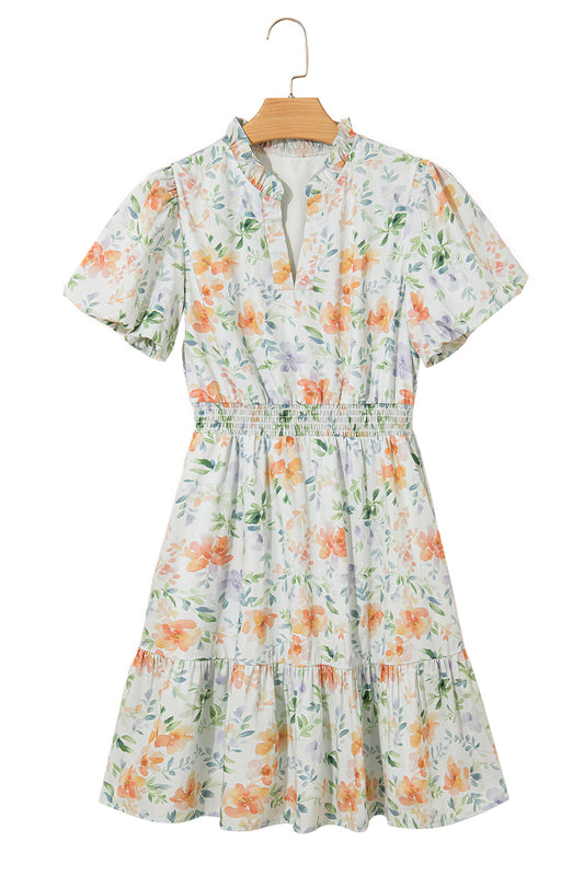 Beige Floral Print Smocked High Waist Puff Sleeve Mini Dress