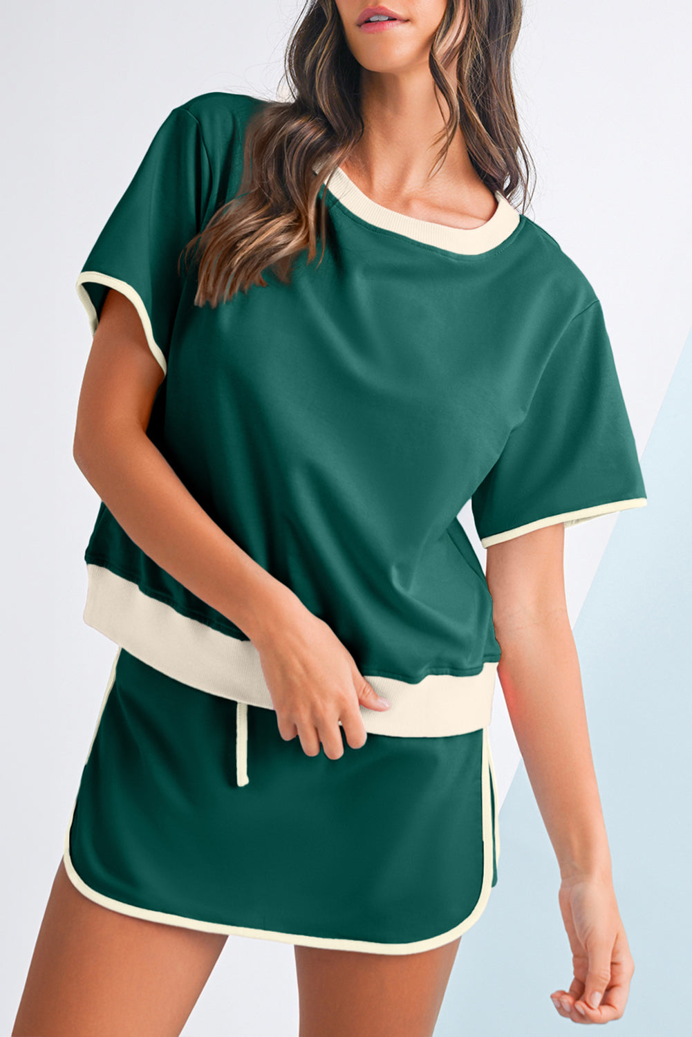 Moonlight Jade Colorblock Edge Drop Shoulder T Shirt and Skort 2Pcs Set