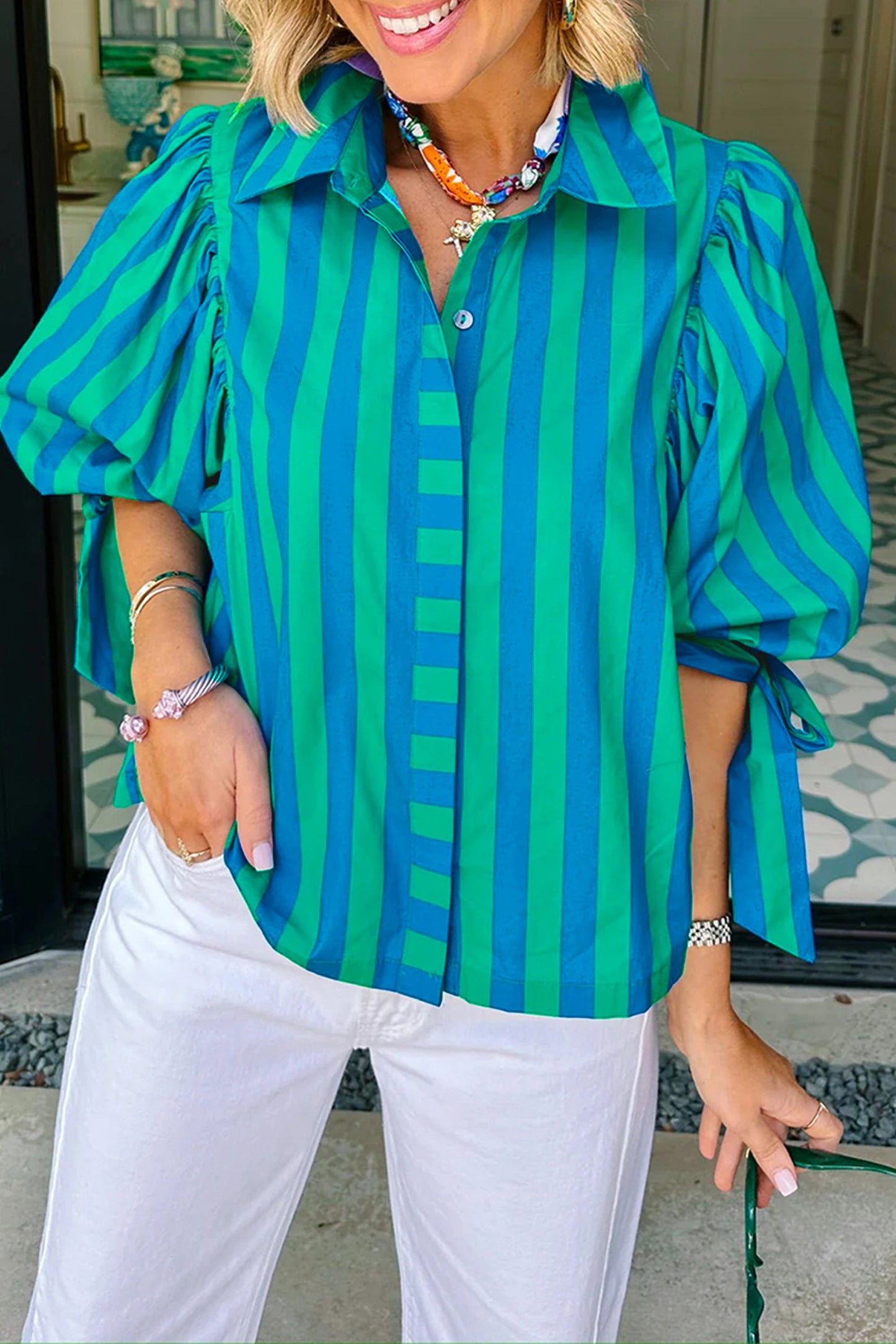Red Stripe Tie Puff Sleeve Womens Button Down Shirt