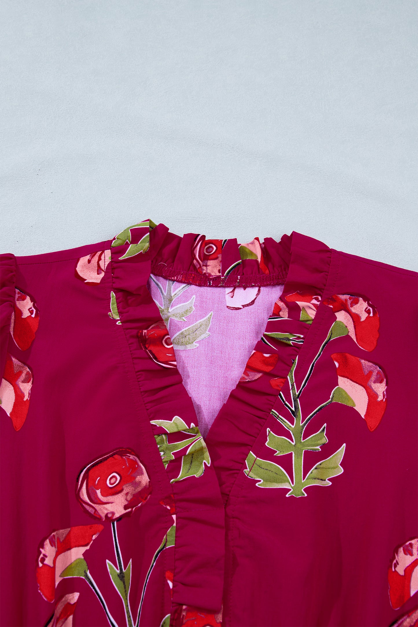 Red Floral Print Frilled V Neck Short Sleeve Ruffle Maxi Dress