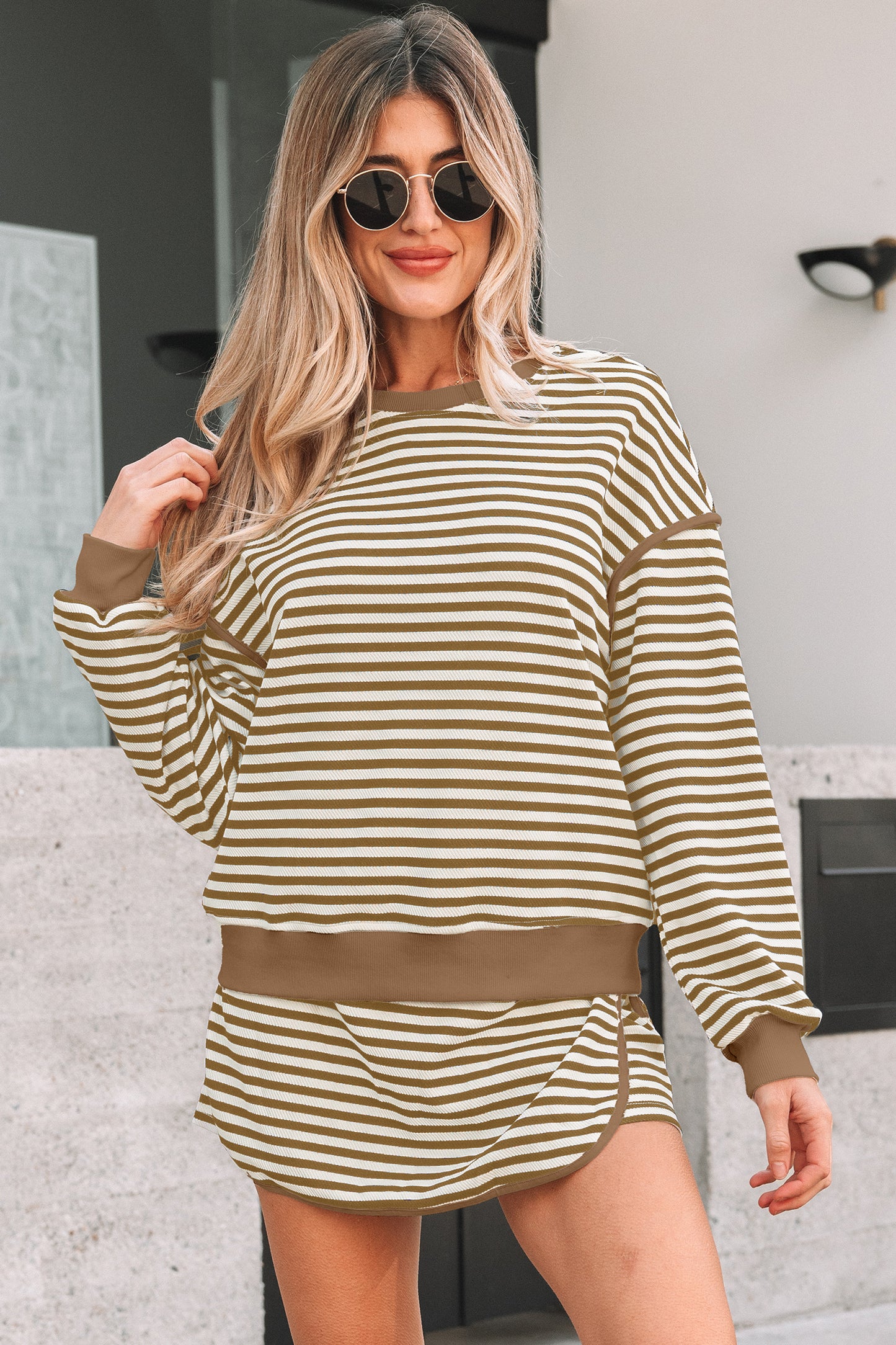 Brown Stripe Textured Drop Shoulder Pullover Top Drawstring Mini Skort Two Piece Dress Set