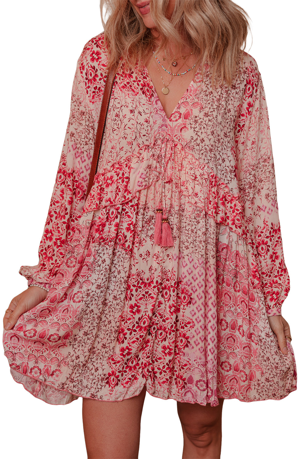 Pink Bohemian Floral Print Tassel Tie Long Sleeve Flowy Mini Dress