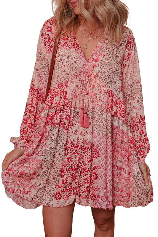 Pink Bohemian Floral Print Tassel Tie Long Sleeve Flowy Mini Dress