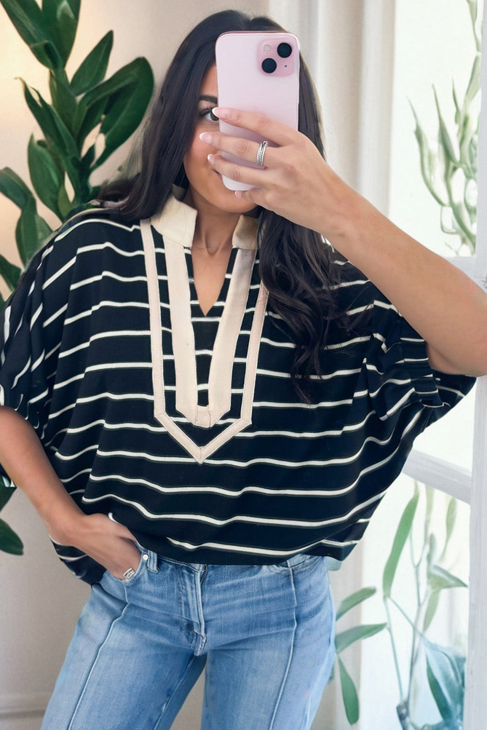 White Stripe Stand Collar V Neck Elastic Cuffs Half Sleeve Dolman Top