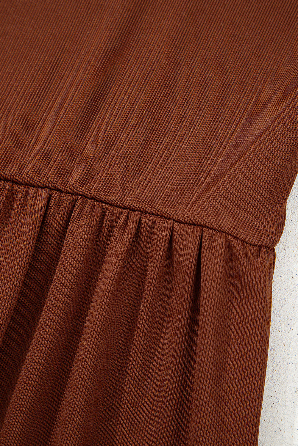 Straw Yellow Ribbed Frilled Trim High Waist Long Sleeve Mini Dress