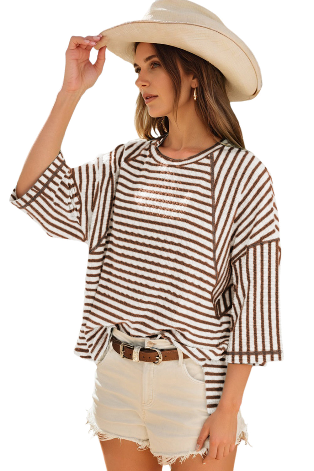 Blue Stripe Textured Knit Split Hem Half Sleeve Loose Top