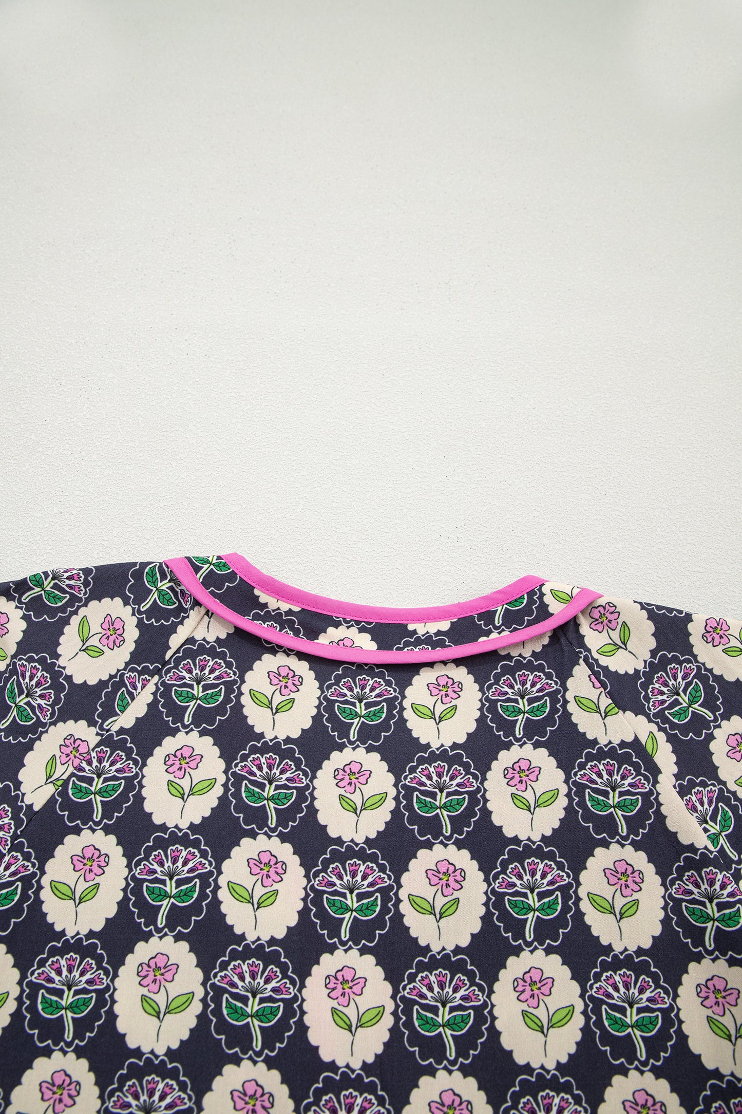 Blue Striped Trim Short Sleeve Vintage Floral Shift Dress