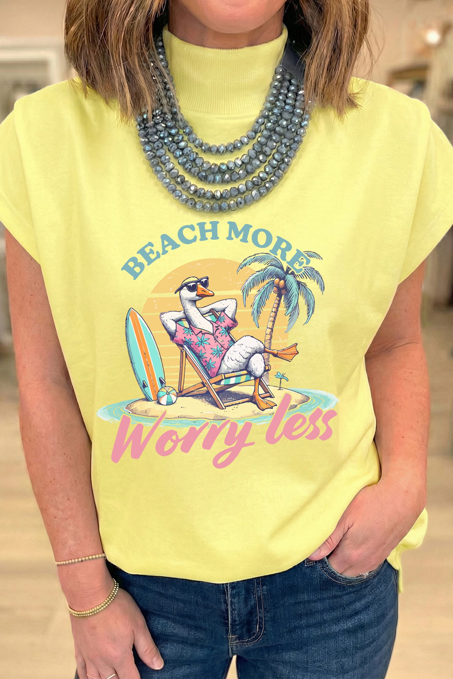 Yellow Beach More Worry Less Graphic Mock Neck Tee