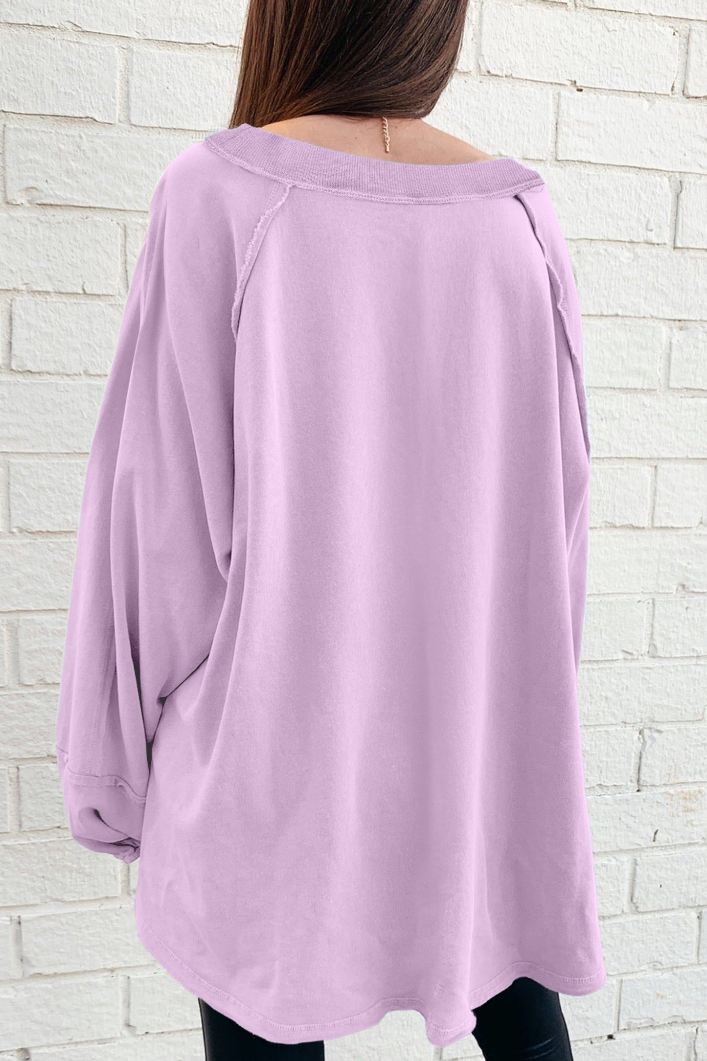 Orchid Petal Solid Color Raw Seam Patchwork Baggy Sweatshirt