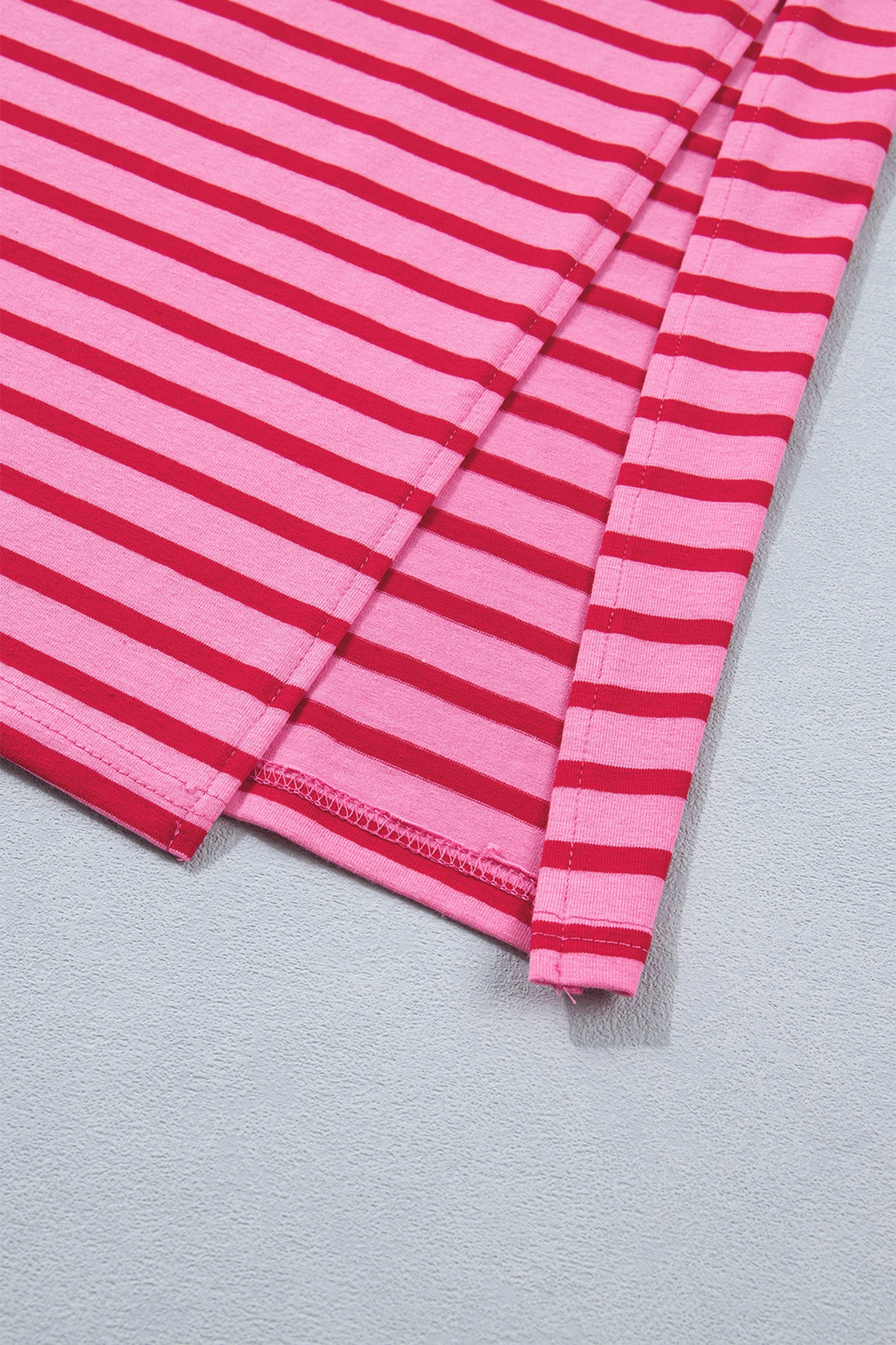 Rose Stripe Striped Short Sleeve Scalloped Trim Side Slit T-Shirt Dress