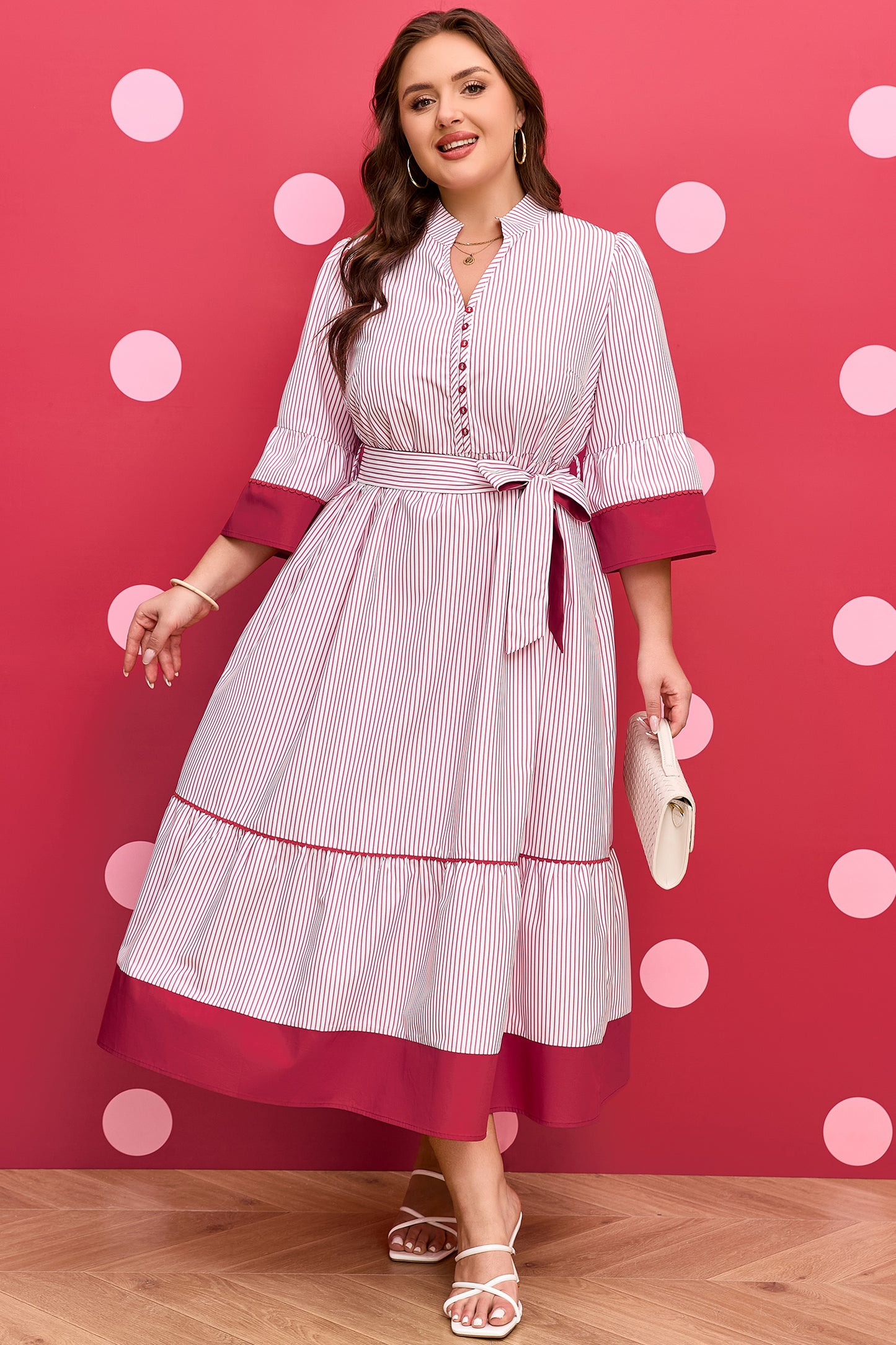 Red Stripe Plus Size Ruffled Hem Pinstriped Midi Dress