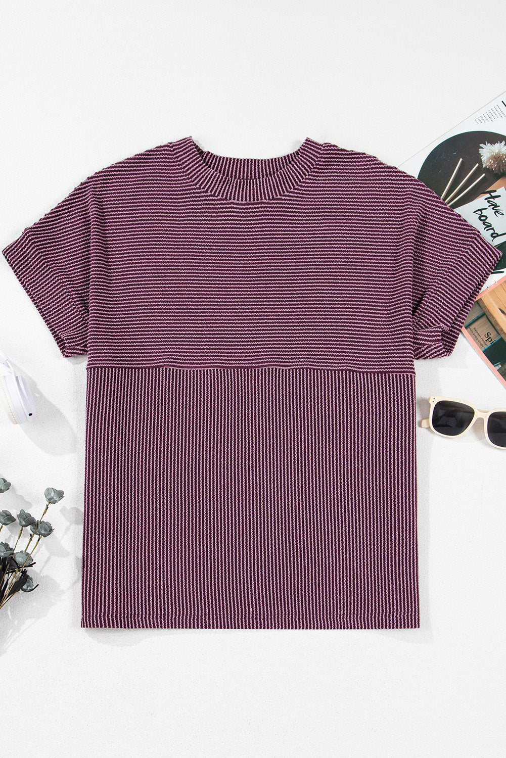 Bright Pink Plain Corded Mock Neck T Shirt