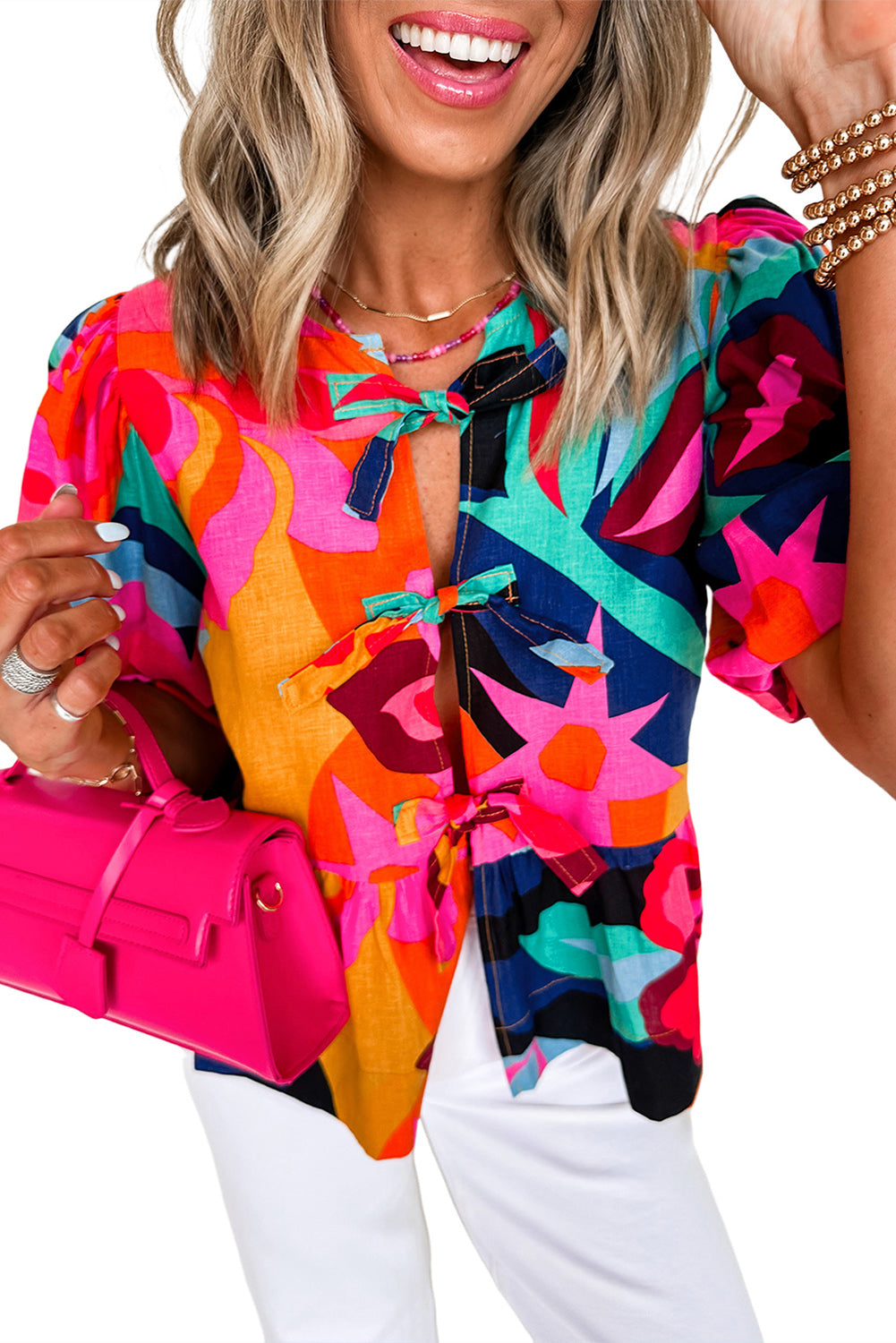 Red Abstract Print Tie Front Puff Sleeve Babydoll Blouse