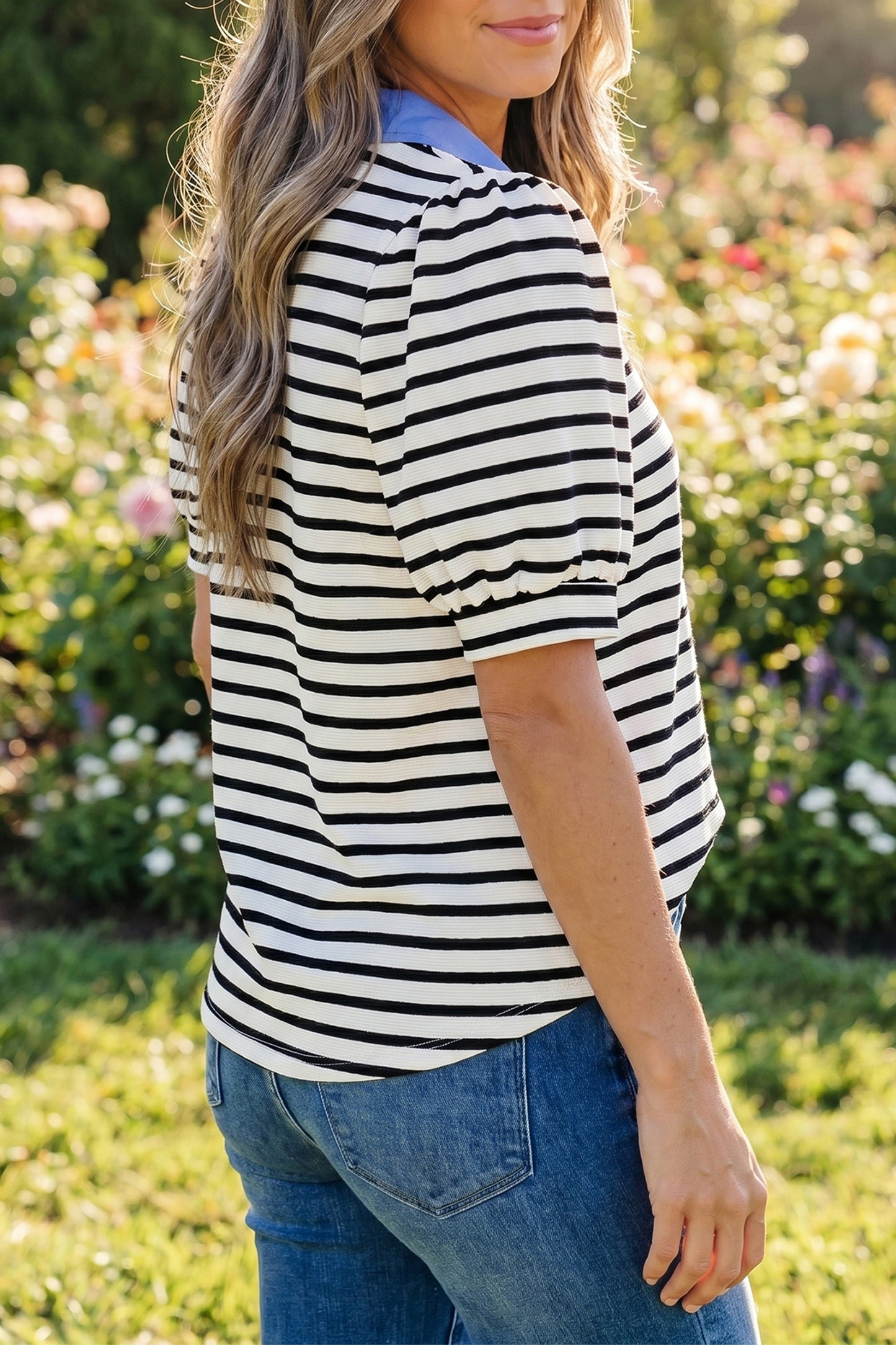 Pink Stripe Short Puff Sleeve Color Block Polo Collar Blouse
