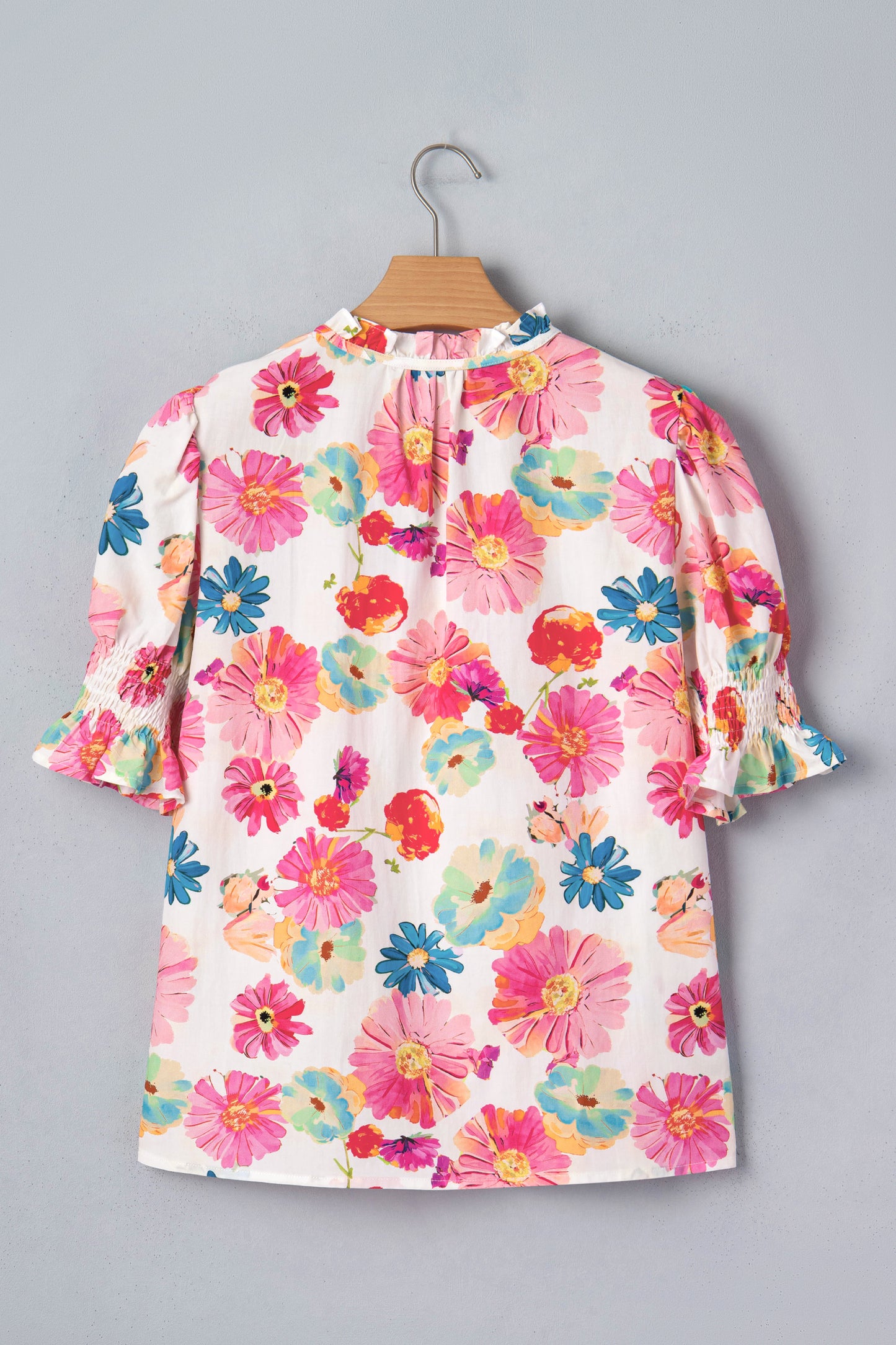 Beige Vibrant Summer Floral Tie V Neck Short Puff Sleeve Blouse