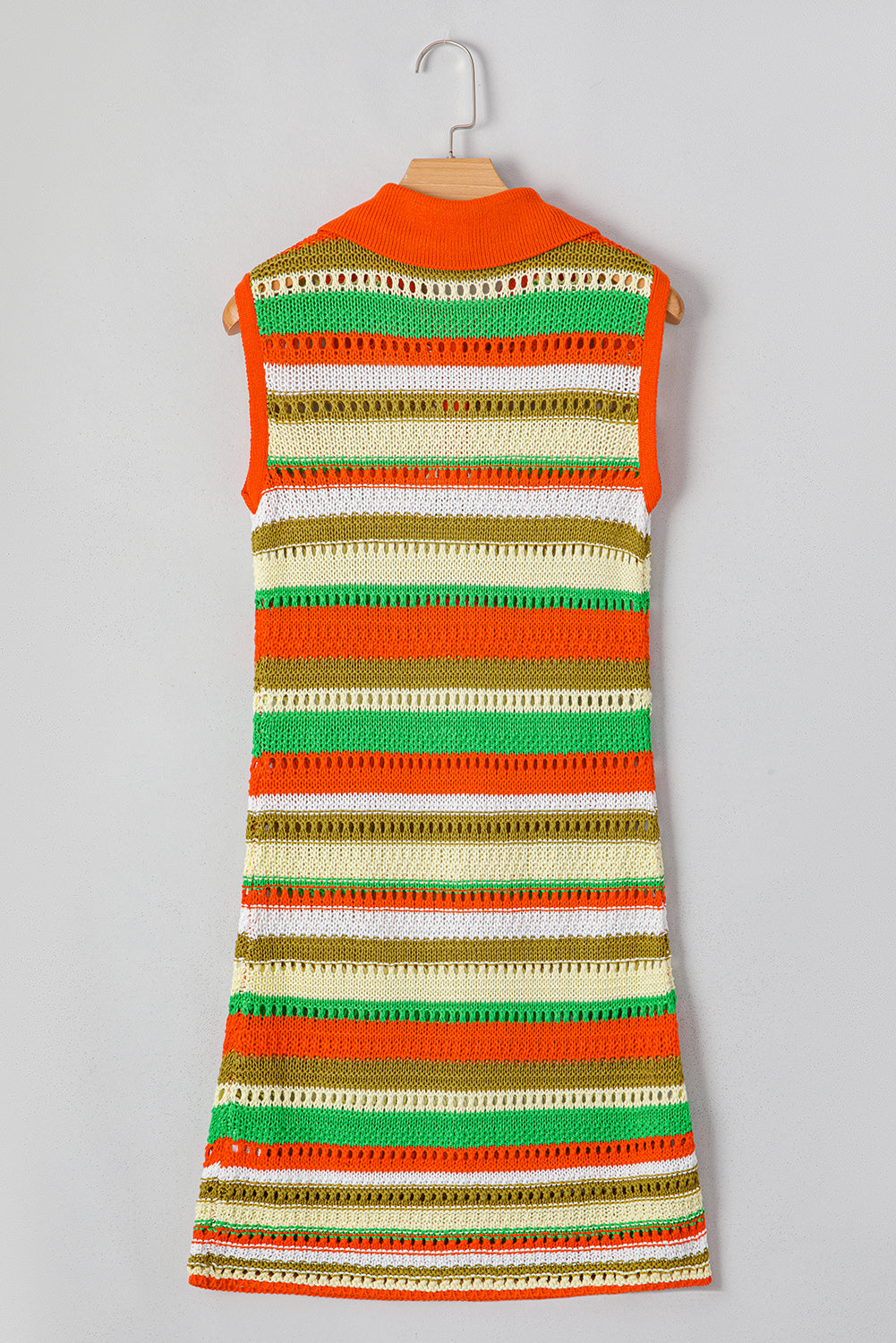 Yellow Stripe Eyelet Sleeveless Buttoned Split Neck Knit Dress