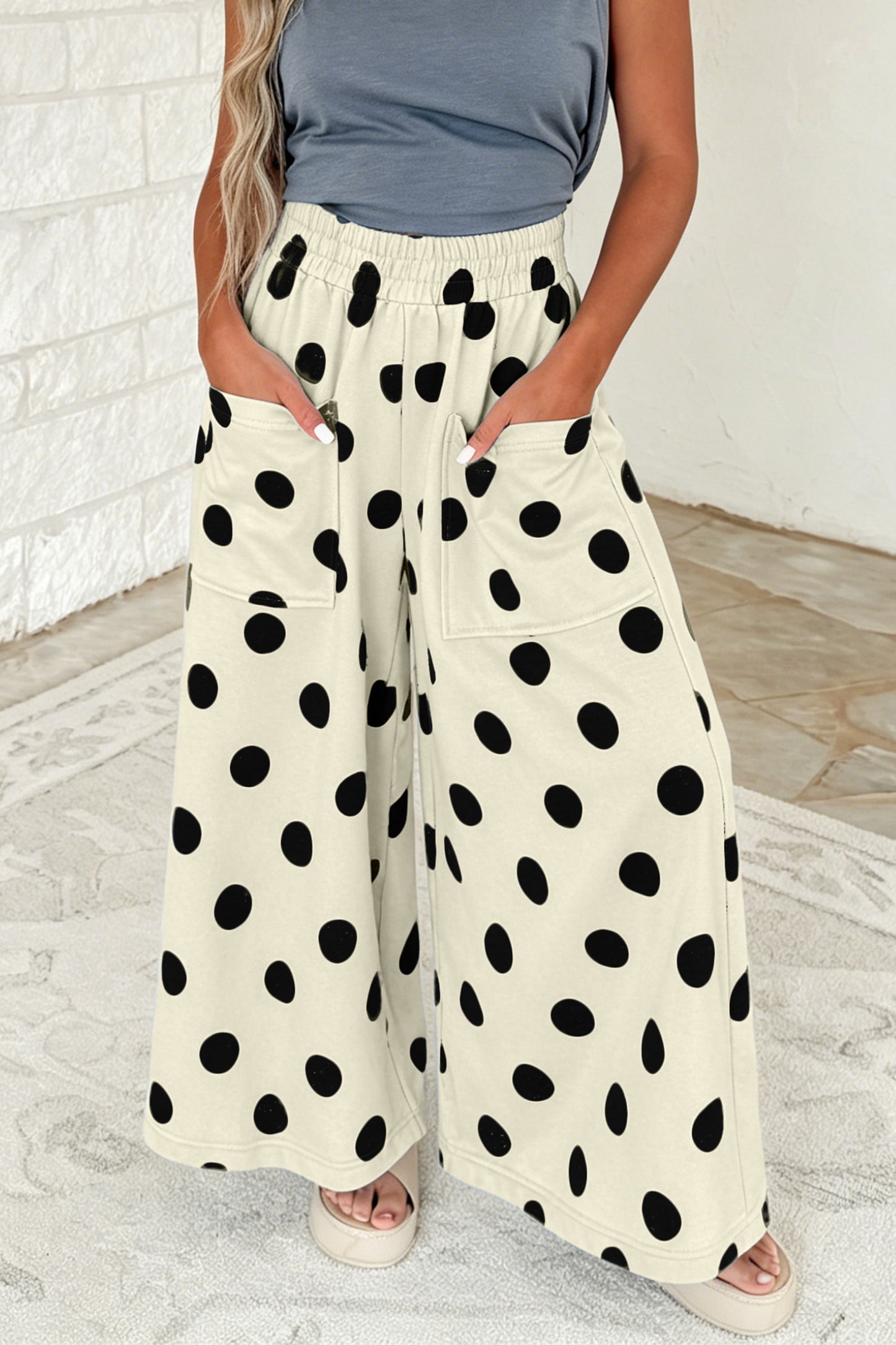 Khaki Polka Dot Wide Leg Elastic Waist Casual Pants
