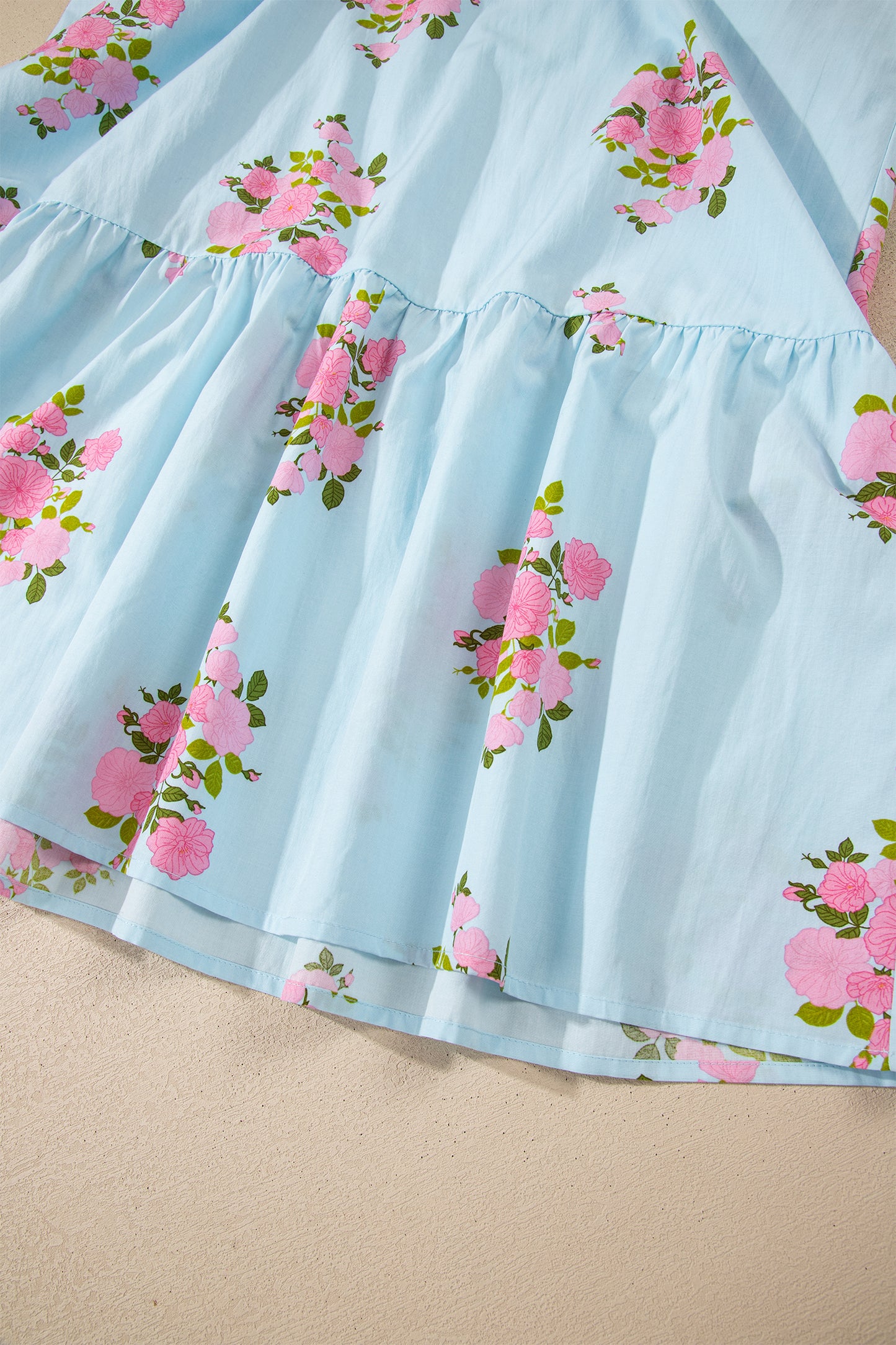 Pink Notched Neck Flutter Short Sleeve Floral Print Maxi Dress