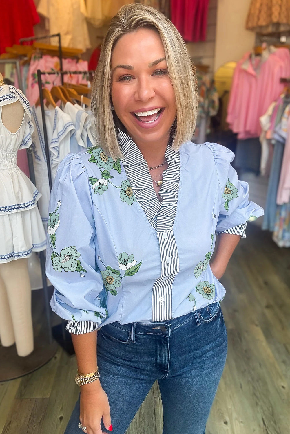 Sky Blue Floral Print Contrast Striped Trim Ruffle V Neck Blouse
