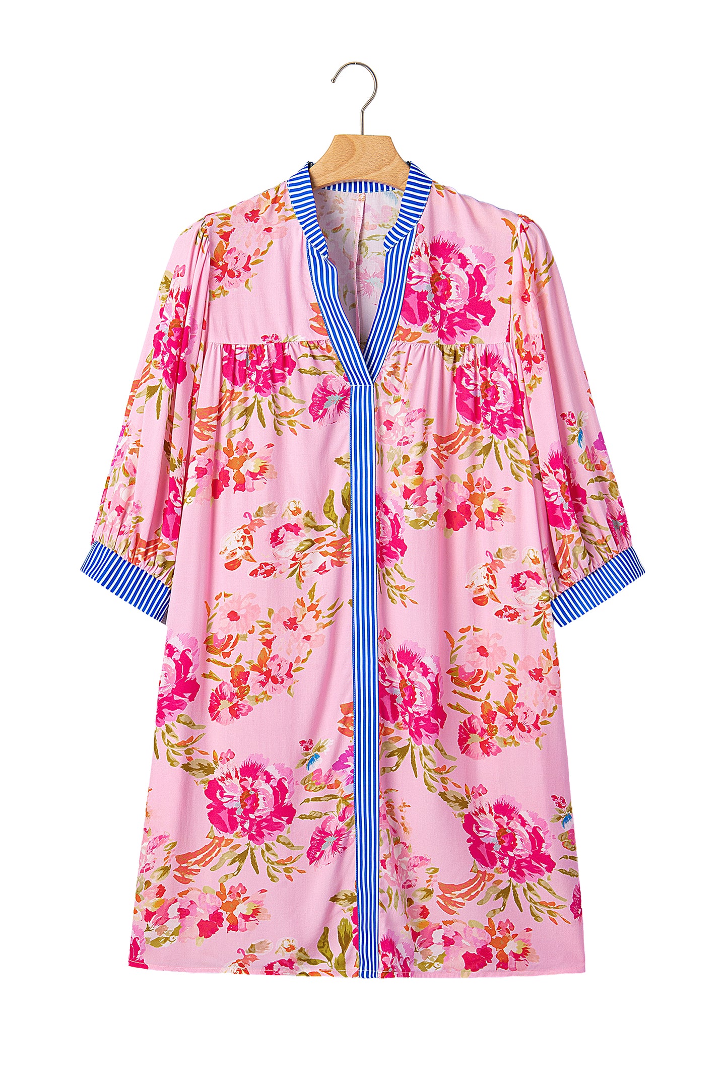 Multicolour Floral Striped Patchwork Trim Half Sleeve Mini Dress