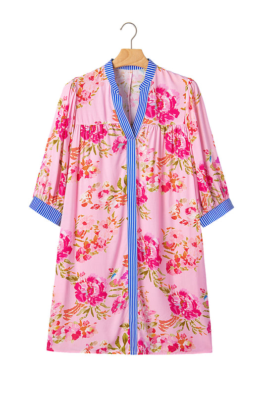 Multicolour Floral Striped Patchwork Trim Half Sleeve Mini Dress
