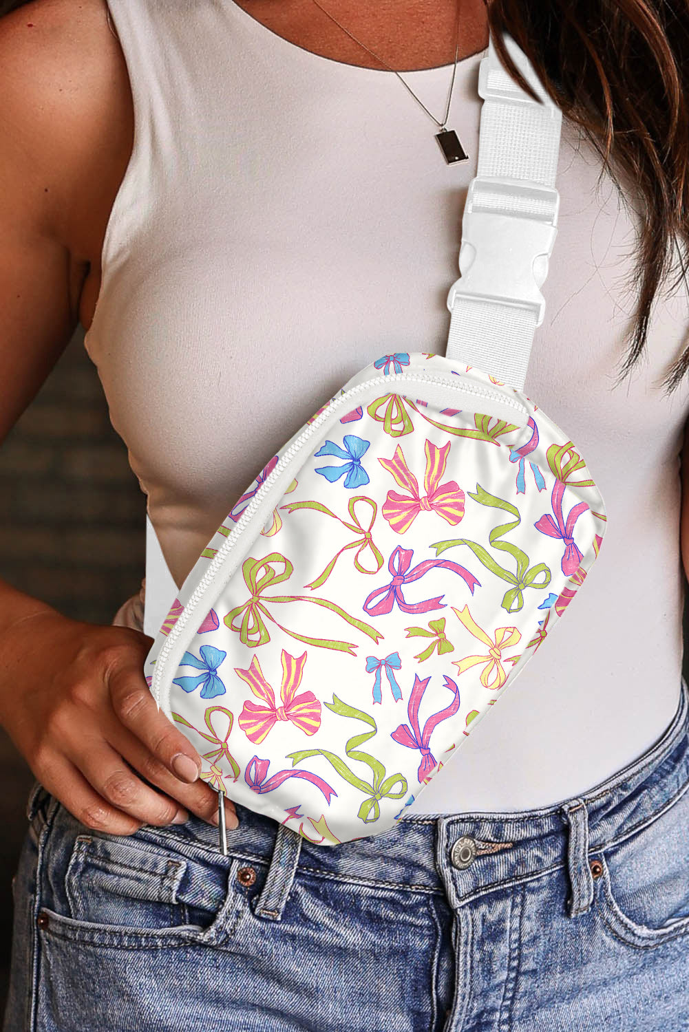 White Bow Print Zipper Wide Belt Crossbody Bag