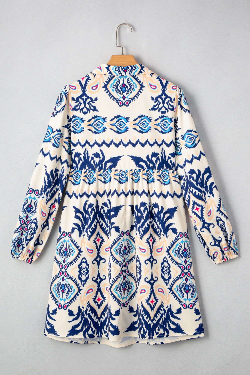 Blue Ethnic Print Pop of Color Neckline Long Sleeve Dress