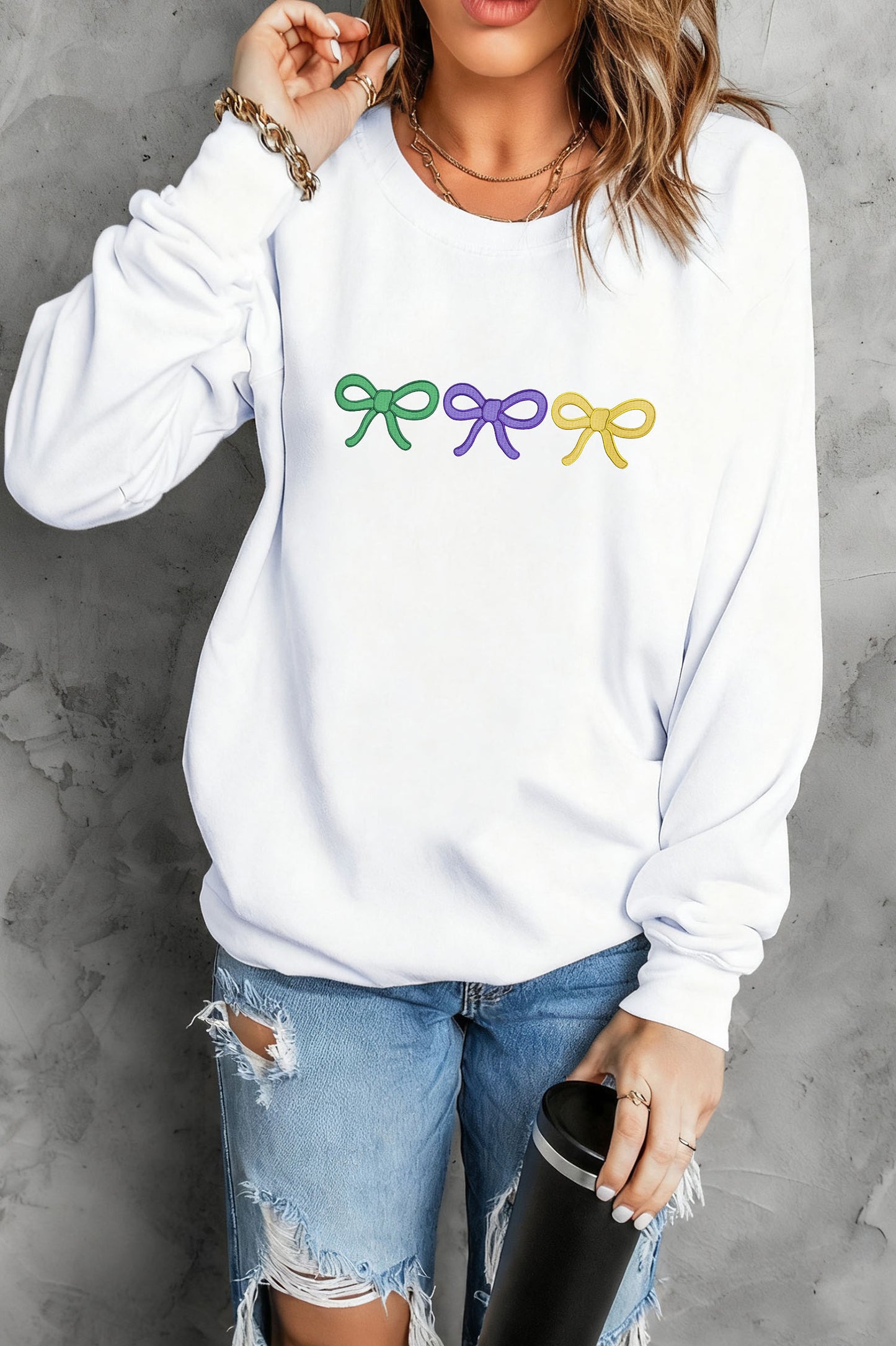 White Mardi Gras Embroidered Bow Pullover Sweatshirt