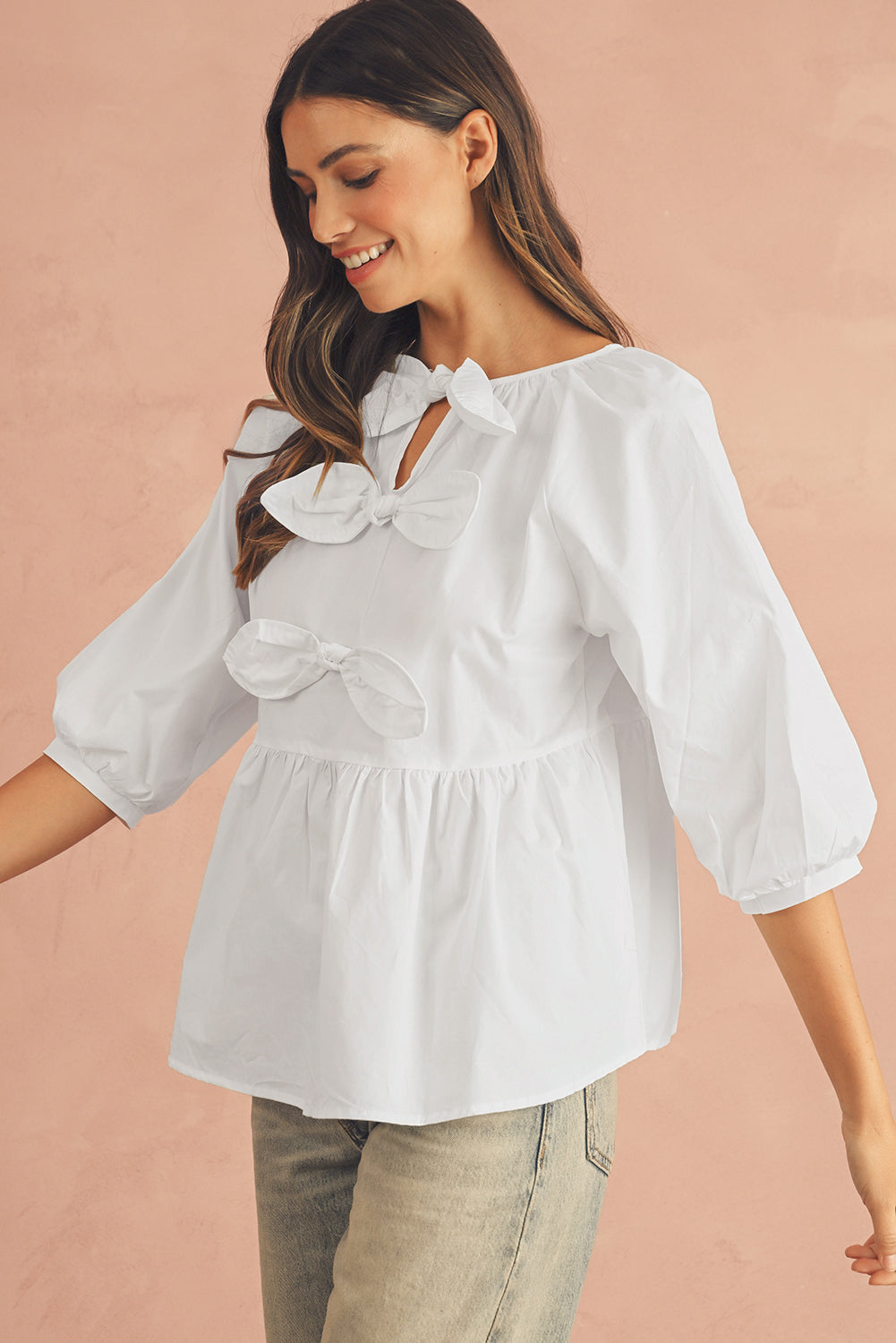 White Bow Knot Cutout Back Loose Fit 3/4 Sleeve Blouse