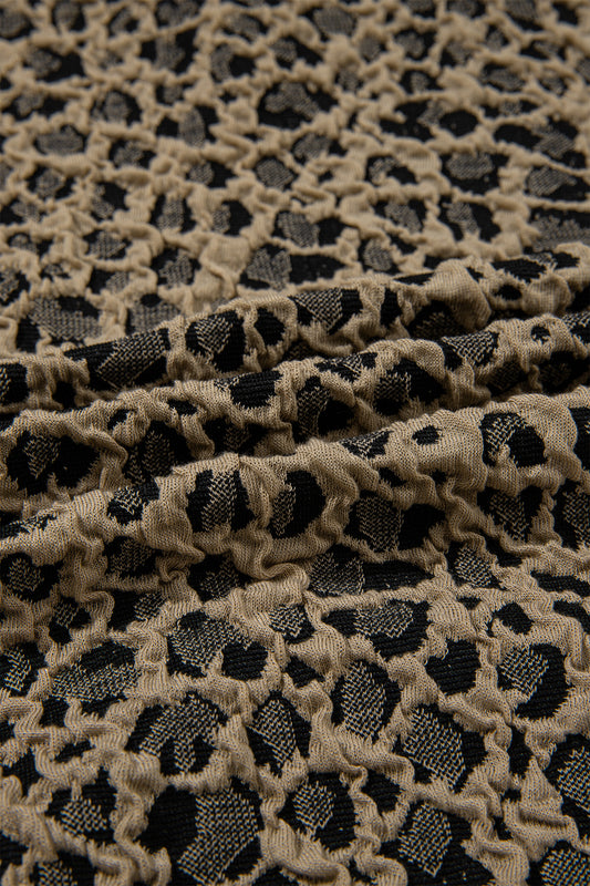 Beige Ribbed Patchwork Collar Cuffed Sleeve Leopard Plus Top