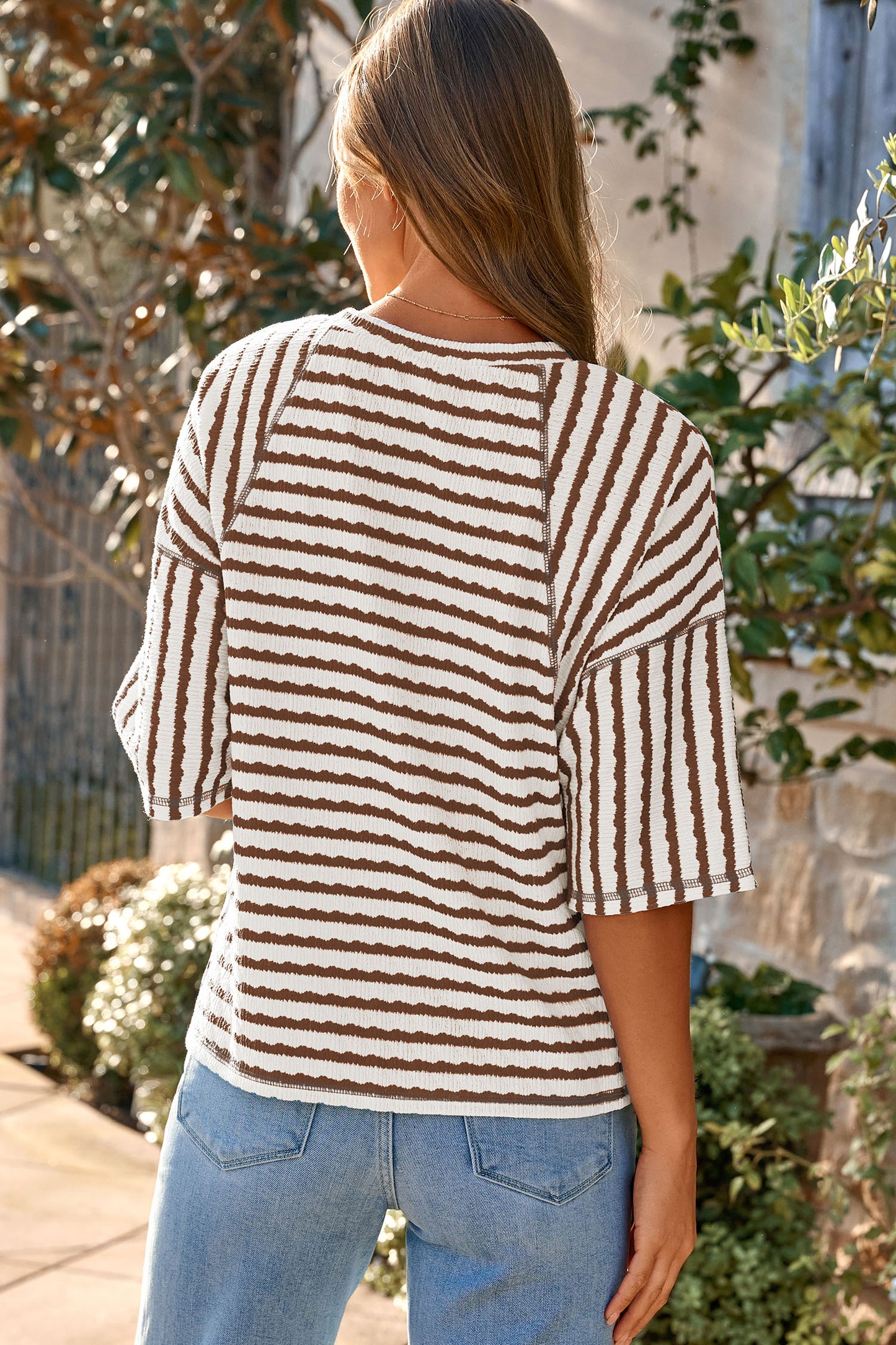 Blue Stripe Textured Knit Split Hem Half Sleeve Loose Top