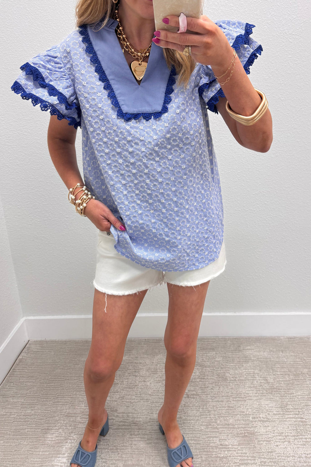 Pink Eyelet Embroidered Flower Texture Contrast Lace Trim Flutter Sleeve Blouse