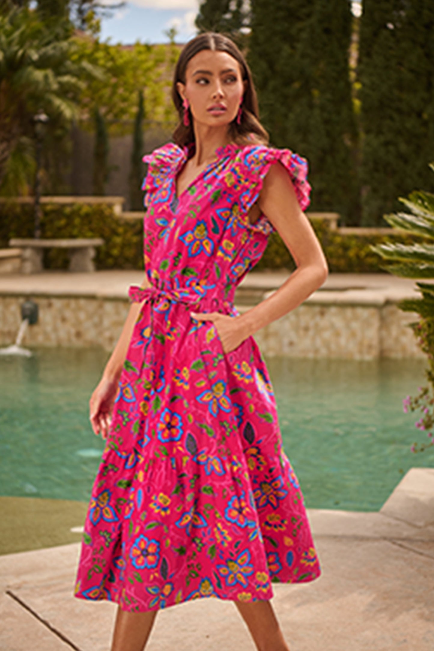 Rose Flutter Sleeve Belted Floral Long Dress